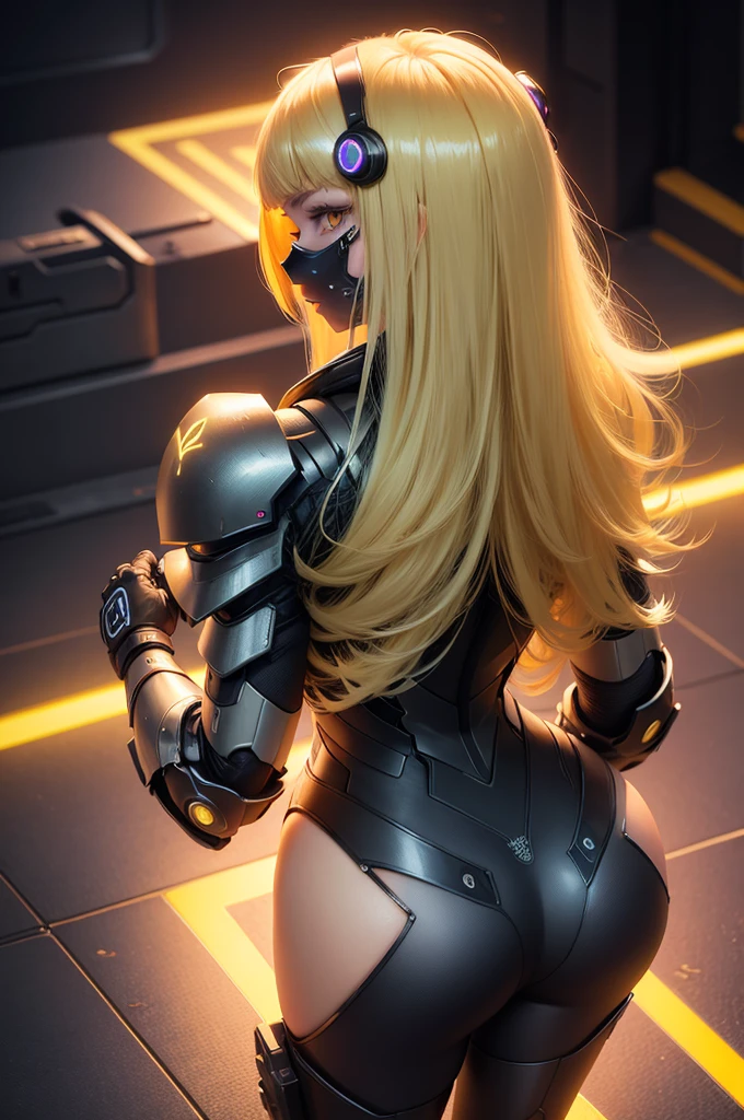 1girl, blonde hair, long hair, straight hair, yellow eyes, bangs, cyber armor, skin tight, neon trim, face mask, from above, from behind, turning head, looking at viewer, looking back, night sky, neon lights, Mysterious