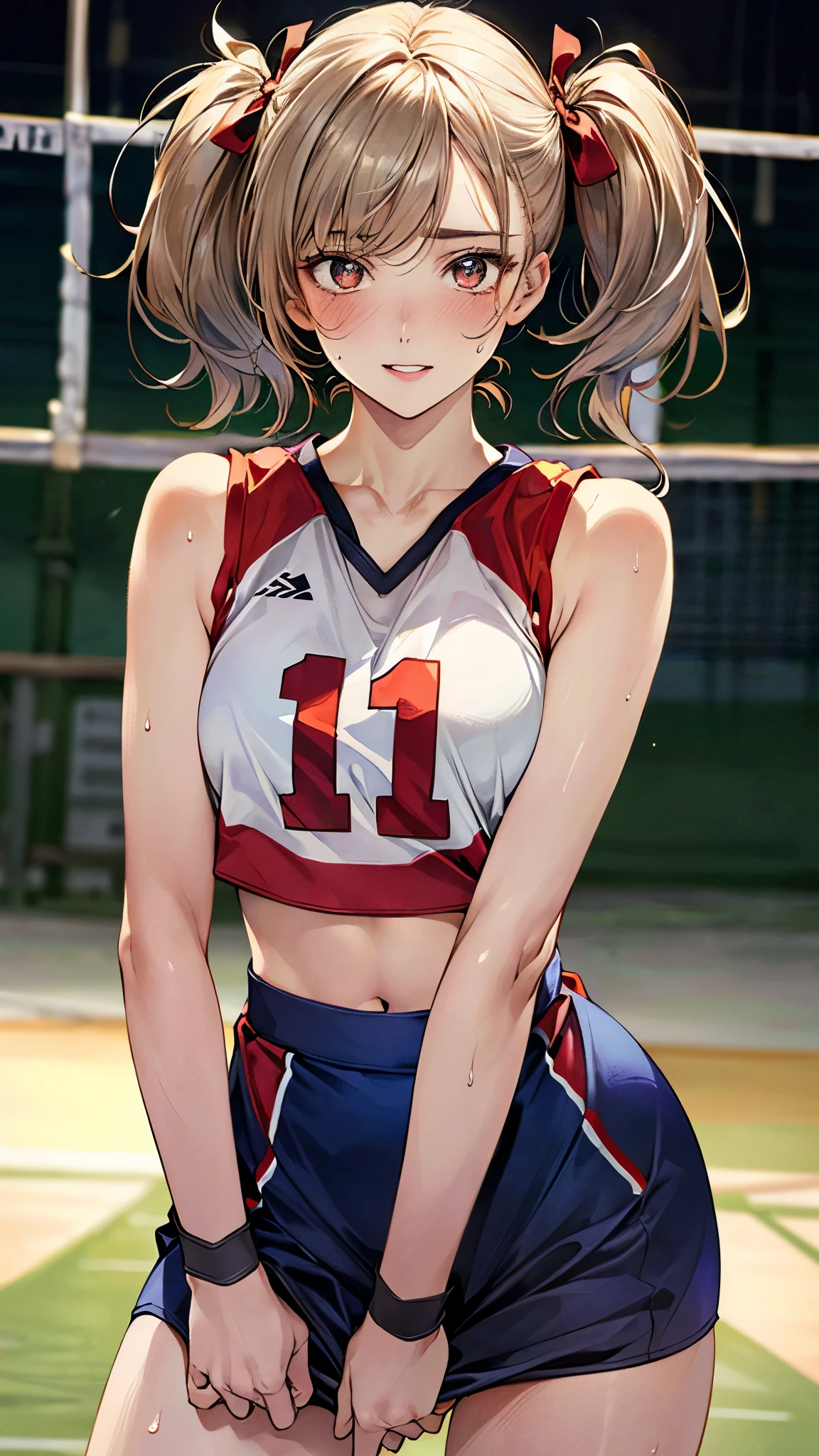 (masterpiece:1.3, top-quality, ultra high resolution, ultra detailed), (realistic, photorealistic:1.4), beautiful illustration, perfect lighting, natural lighting, depth of fields, nsfw, 
beautiful detailed hair, beautiful detailed face, beautiful detailed eyes, beautiful clavicle, beautiful body, beautiful chest, beautiful thigh, beautiful legs, beautiful hands, white skin, shiny skin,
looking at viewer, 1 girl, high school girl, volleyball player, (perfect anatomy, anatomically correct, super detailed skin), cute and symmetrical face, babyface, perfect face, perfect eyes, 
(middle hair:1.4, side ponytail:1.5, ash blonde hair), hair between eyes, blue eyes, long eye lasher, (large breasts:0.8, juicy thighs, attractive thighs), bare arms, bottomless, slender, 
((detailed cloth texture, (sleeveless volleyball uniform), (highleg buruma), (crop top:1.1), buruma, buruma, ), ), cameltoe, nipple hardening, crotch, cleavage:1.0, outstanding style, 
(beautiful scenery), evening, ((volleyball gymnasium, volleyball cort)), (sexy pose), (lovely smile, parted lips, sweaty), 