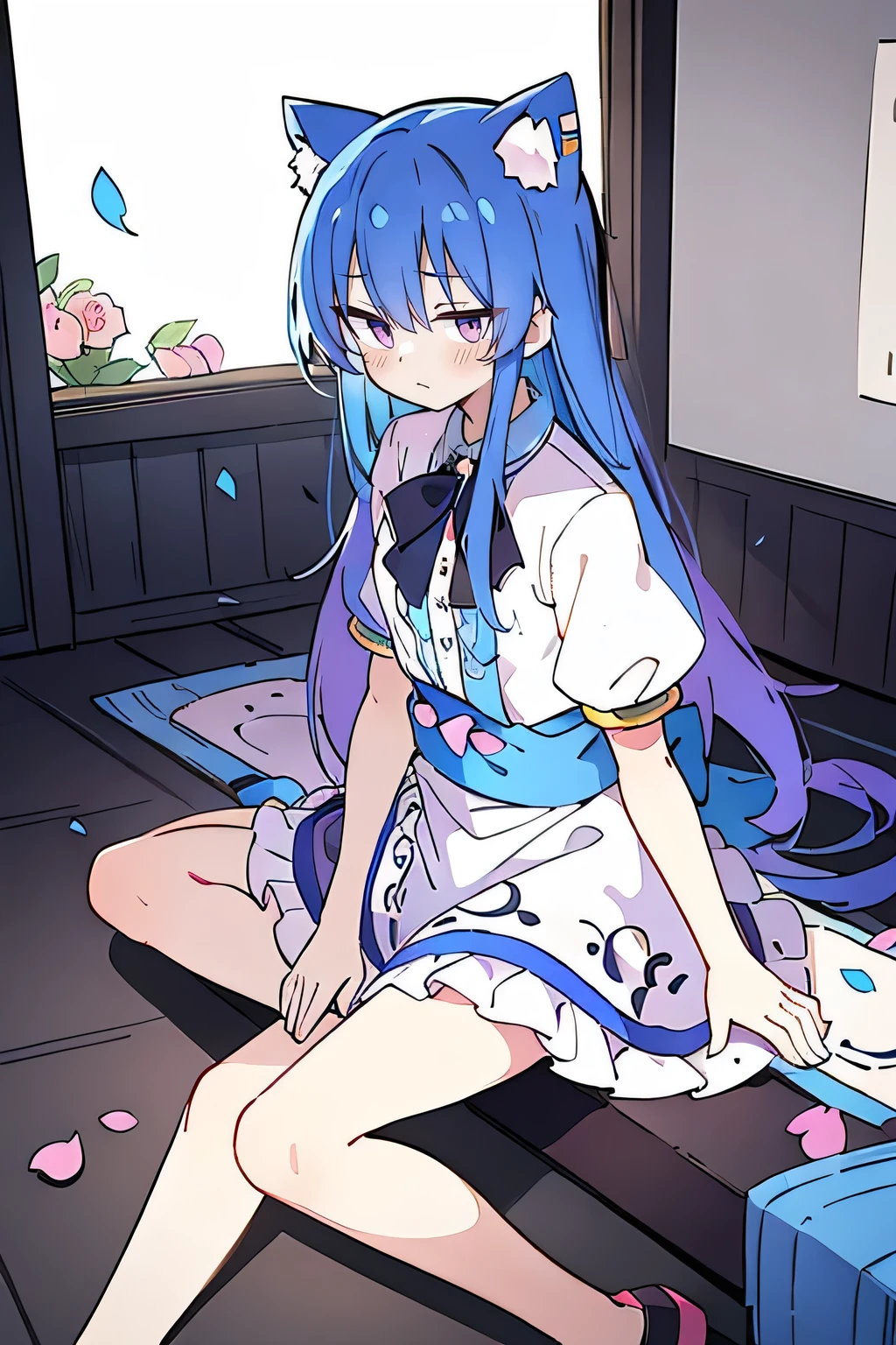 (masterpiece:1.2),ultra-detailed,realistic,expressive eyes,fair-skinned,perfectly shaped face,1girl,
Japanese cartoons,Gorgeous blue hair, flowing blue hair,floating clothes,cat ears,petals falling,beautiful Lola,Hina Angel,
hands on waist,gracefully sitting on the ground,legs crossed,gentle and serene background,cool and comfortable pavilion,shy face ,night .