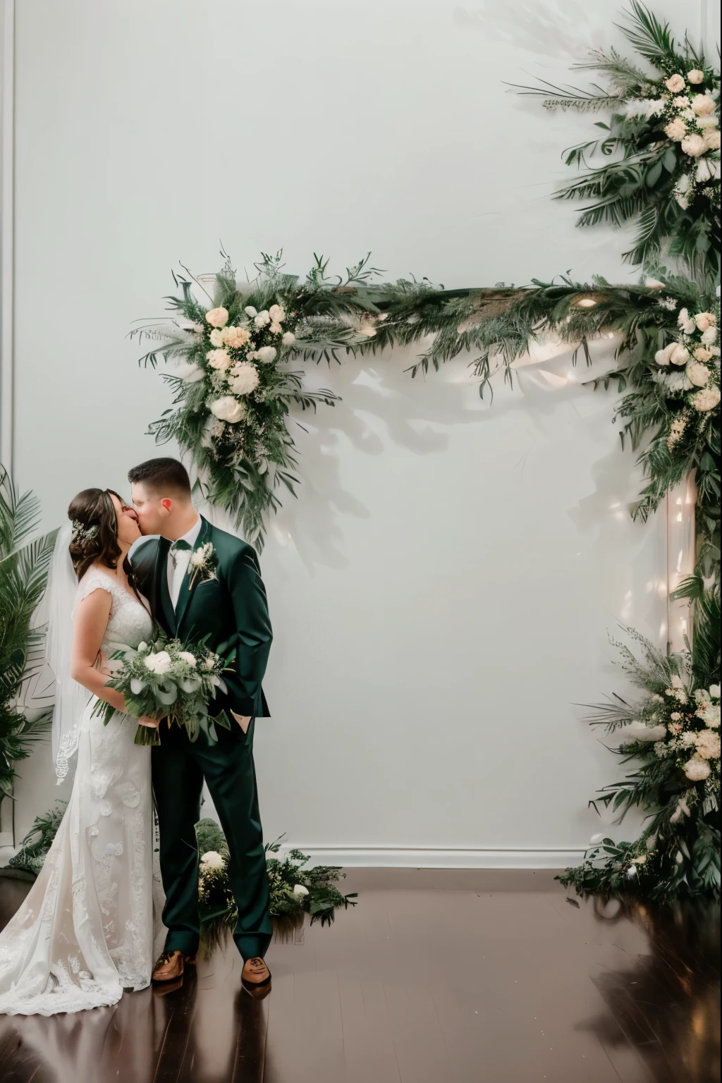 a bride and groom kissing in front of a white background, stunning arcanum background, floral painted background, 白色background下, ornate and intricate background, with background of natural light, ornate background, non-illuminated background, white background, forest background, portrait photo of a background, Romantic green plants, solid color background, Wedding Photos, dark background, background