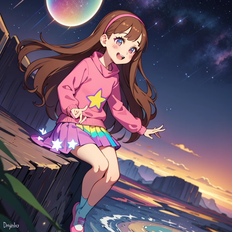 (medium:1.1), vibrate colors, Mabel Pines, day, masterpiece, best quality, Mabel, 1girl, ***, flat chest, beautiful detailed eyes, beautiful detailed lips, landscape, depth of field, night, light particles, light rays, sidelighting, thighs, fate \(series\), solo, long hair, red sweater, long sleeves, brown hair, black eyes, pink hairband, rainbow, star \(symbol\), violet skirt, smile, braces, open mouth, sweet, shoes, blush stickers, round teeth, buck teeth, tree, blue sky, wide hips, outdoors, Gravity Falls set and style, stars, glitter
