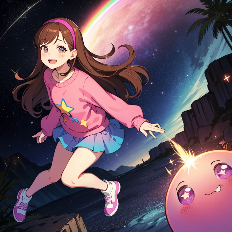 (medium:1.1), vibrate colors, Mabel Pines, day, masterpiece, best quality, Mabel, 1girl, ***, flat chest, beautiful detailed eyes, beautiful detailed lips, landscape, depth of field, night, light particles, light rays, sidelighting, thighs, fate \(series\), solo, long hair, red sweater, long sleeves, brown hair, black eyes, pink hairband, rainbow, star \(symbol\), violet skirt, smile, braces, open mouth, sweet, shoes, blush stickers, round teeth, buck teeth, tree, blue sky, wide hips, outdoors, Gravity Falls set and style, stars, glitter
