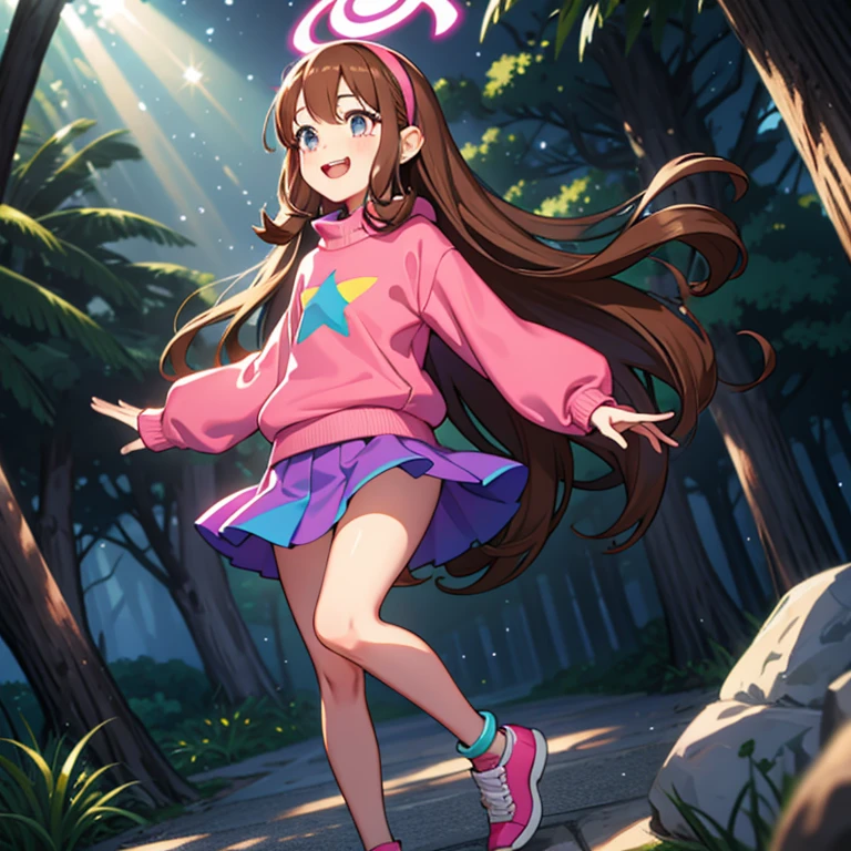 (medium:1.1), vibrate colors, Mabel Pines, day, masterpiece, best quality, Mabel, 1girl, ***, flat chest, beautiful detailed eyes, beautiful detailed lips, landscape, depth of field, night, light particles, light rays, sidelighting, thighs, fate \(series\), solo, long hair, red sweater, long sleeves, brown hair, black eyes, pink hairband, rainbow, star \(symbol\), violet skirt, smile, braces, open mouth, sweet, shoes, blush stickers, round teeth, buck teeth, tree, blue sky, wide hips, outdoors, Gravity Falls set and style, stars, glitter
