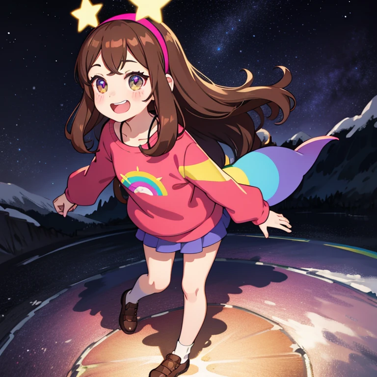 (medium:1.1), vibrate colors, Mabel Pines, day, masterpiece, best quality, Mabel, 1girl, ***, flat chest, beautiful detailed eyes, beautiful detailed lips, landscape, depth of field, night, light particles, light rays, sidelighting, thighs, fate \(series\), solo, long hair, red sweater, long sleeves, brown hair, black eyes, pink hairband, rainbow, star \(symbol\), violet skirt, smile, braces, open mouth, sweet, shoes, blush stickers, round teeth, buck teeth, tree, blue sky, wide hips, outdoors, Gravity Falls set and style, stars, glitter
