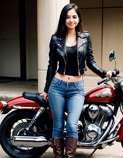 Beautiful indian , with straight hair and perfect body standing next to motorcycle smiling wearing a leather jacket, blue jeans and boots