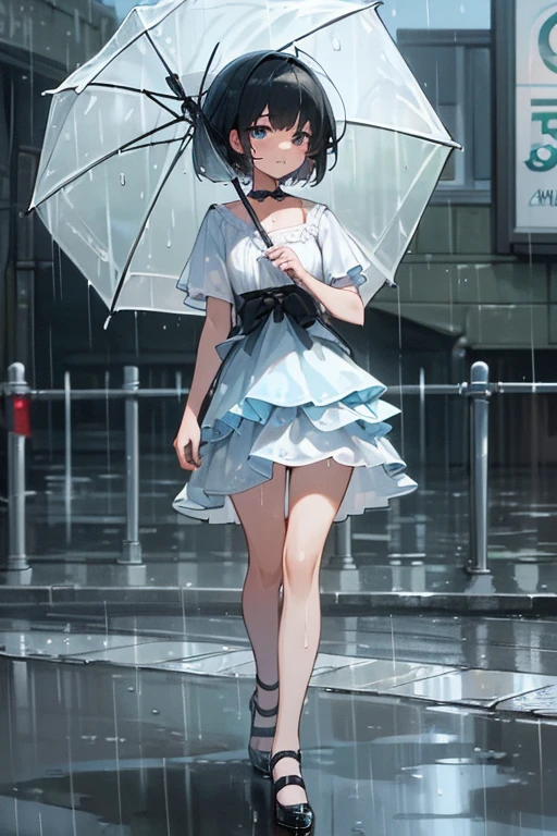((highest quality, 8k, masterpiece:1.3)), concentrated:1.2, Perfect body beauty:1.4, Hips:1.2, ((Layered Haircut, chest:1.2)), (Wet clothes:1.1) , (rain, street:1.3), Bandeau dress: 1.1, Highly detailed face and skin texture, Beautiful Eyes, double eyelid, White skin, Long Hair, (shut up: 1.3)