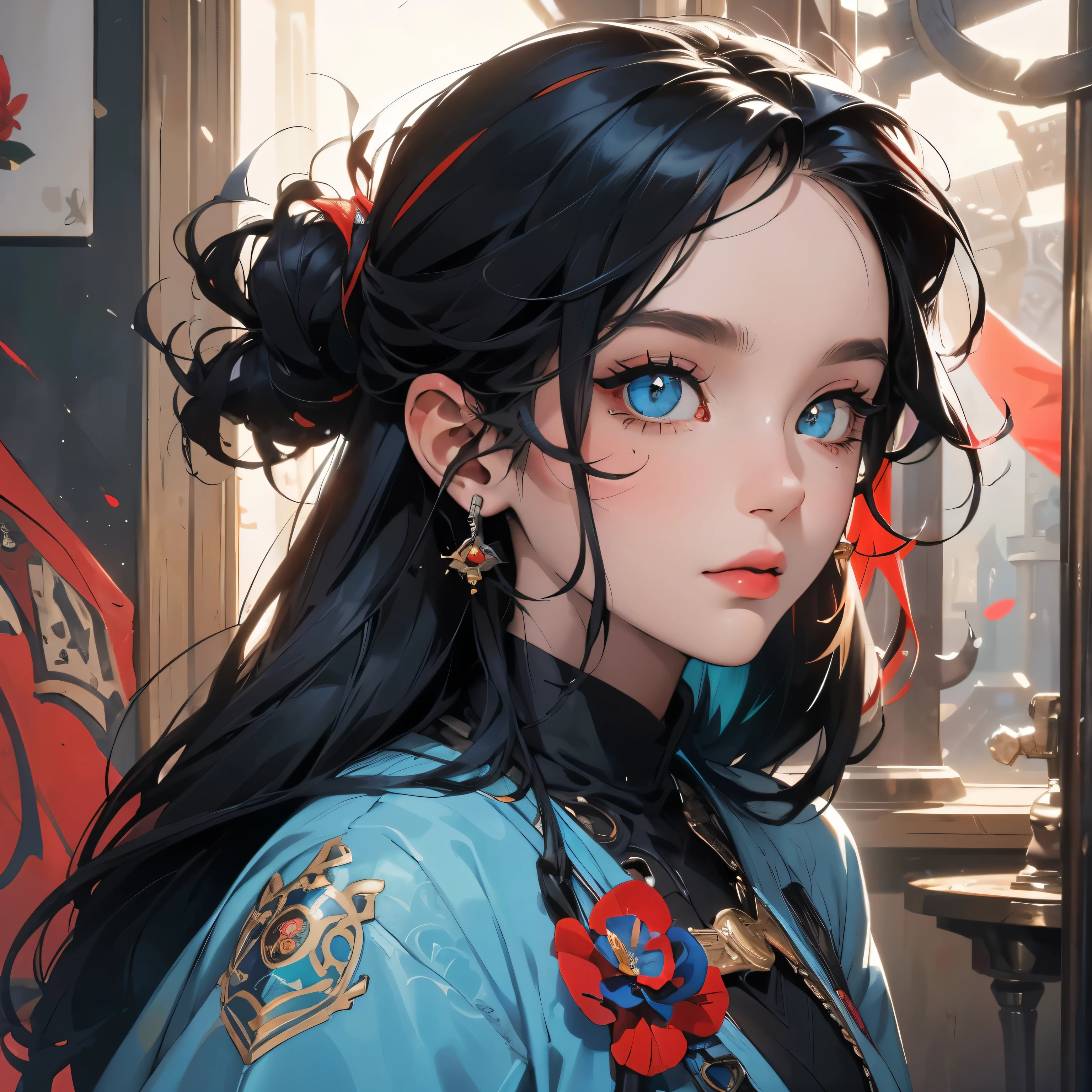 portrait,close up woman,(best qualtiy,tmasterpiece),1girl,nice poses,ventania,, one red eye and the other blue,The upper part of the body,clothes, beautiful detail eyes, black, side glance, heterochromia,multicolor hair, colorful light, particles