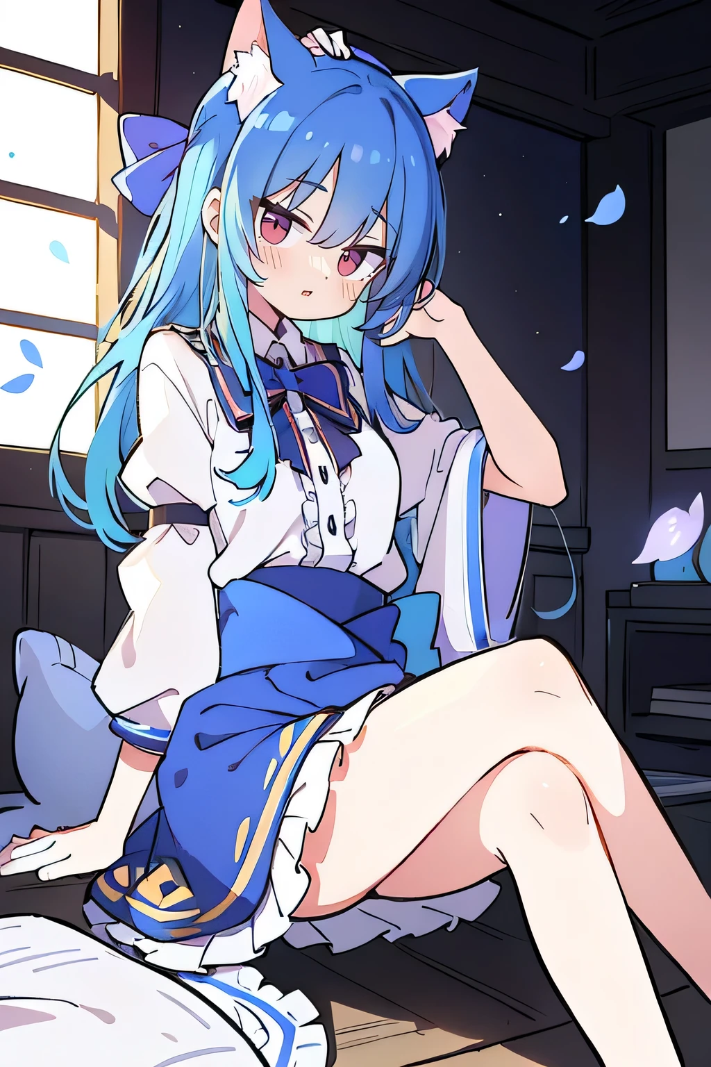 (masterpiece:1.2),ultra-detailed,realistic,expressive eyes,fair-skinned,perfectly shaped face,1girl,
Japanese cartoons,Gorgeous blue hair, flowing blue hair,floating clothes,cat ears,petals falling,beautiful Lola,Hina Angel,
hands on waist,gracefully sitting on the ground,legs crossed,gentle and serene background,cool and comfortable pavilion,shy face ,night .