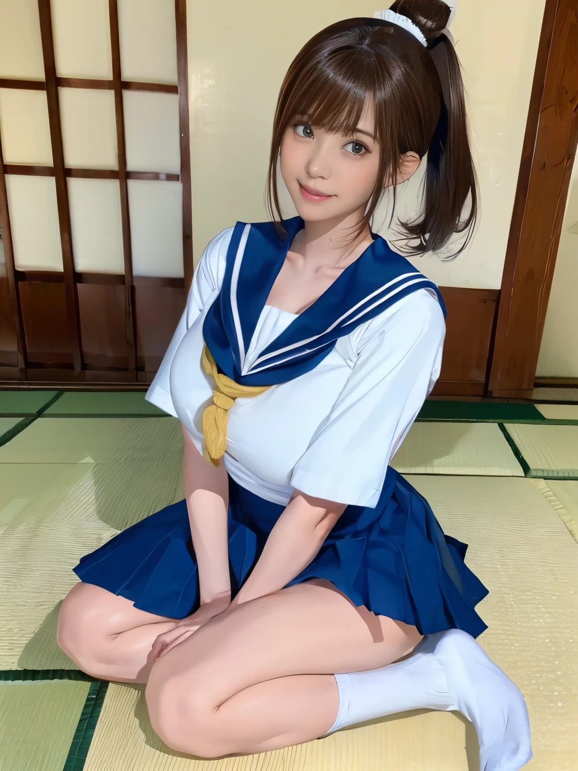 highest quality、8k、Realistic、1 girl、23 years old、Full body portrait、(Curvy body type、Embarrassing、Sandy Beach)、(Japanese 、Sitting with legs crossed、Spread your legs、Positive)、(Dark brown hair ponytail:1.4、Japanese school sailor uniform:1.3、Navy Pleated Skirt、Skirt fluttering in the wind:1.2)、、(White and navy theme:1.2), (Big Breasts), Beautiful thighs、Beautiful ass