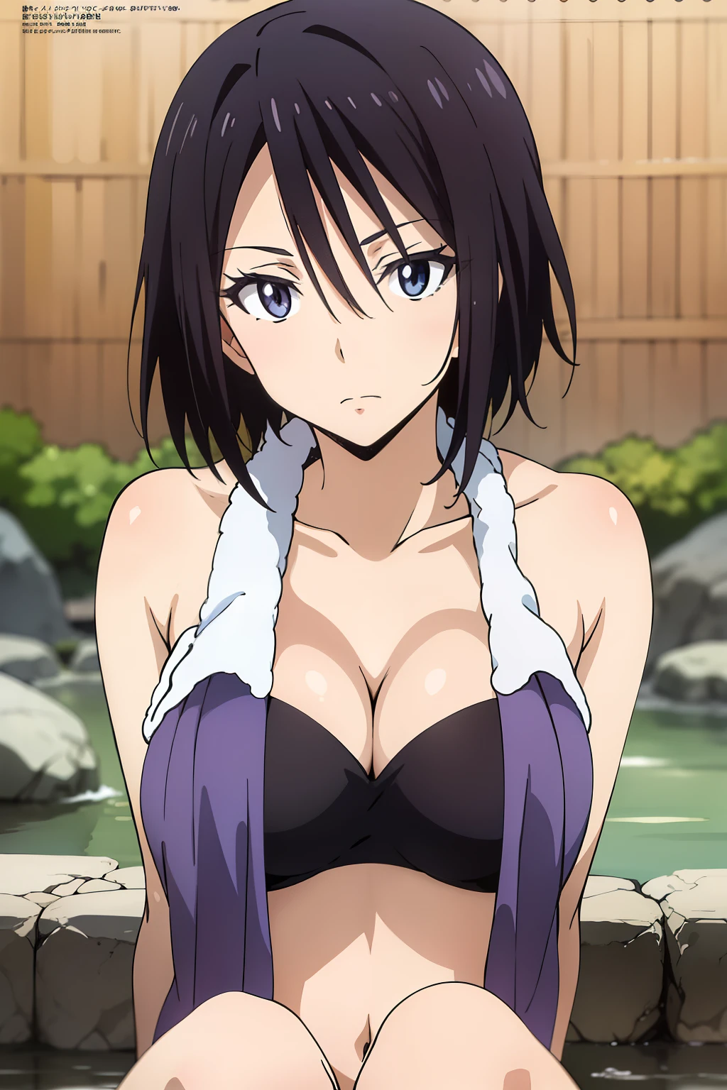 (anime cels style, Masterpiece, best quality, high resolution, anime colored, megami magazine:1.2, anime poster style, anime keyvisual, sharp, 8k, photorealistic), (beautiful eyes:1.5), sakaguchihinata\(ttigraas\), 1girl, cute, black hair, very short hair, large breast, cleavage, nude, (wet Towel over breasts), (upper body, sitting), (perfect detailed anatomy, perfect arms, perfect fingers, beautiful face, perfect body, shiny skin), onsen, wet