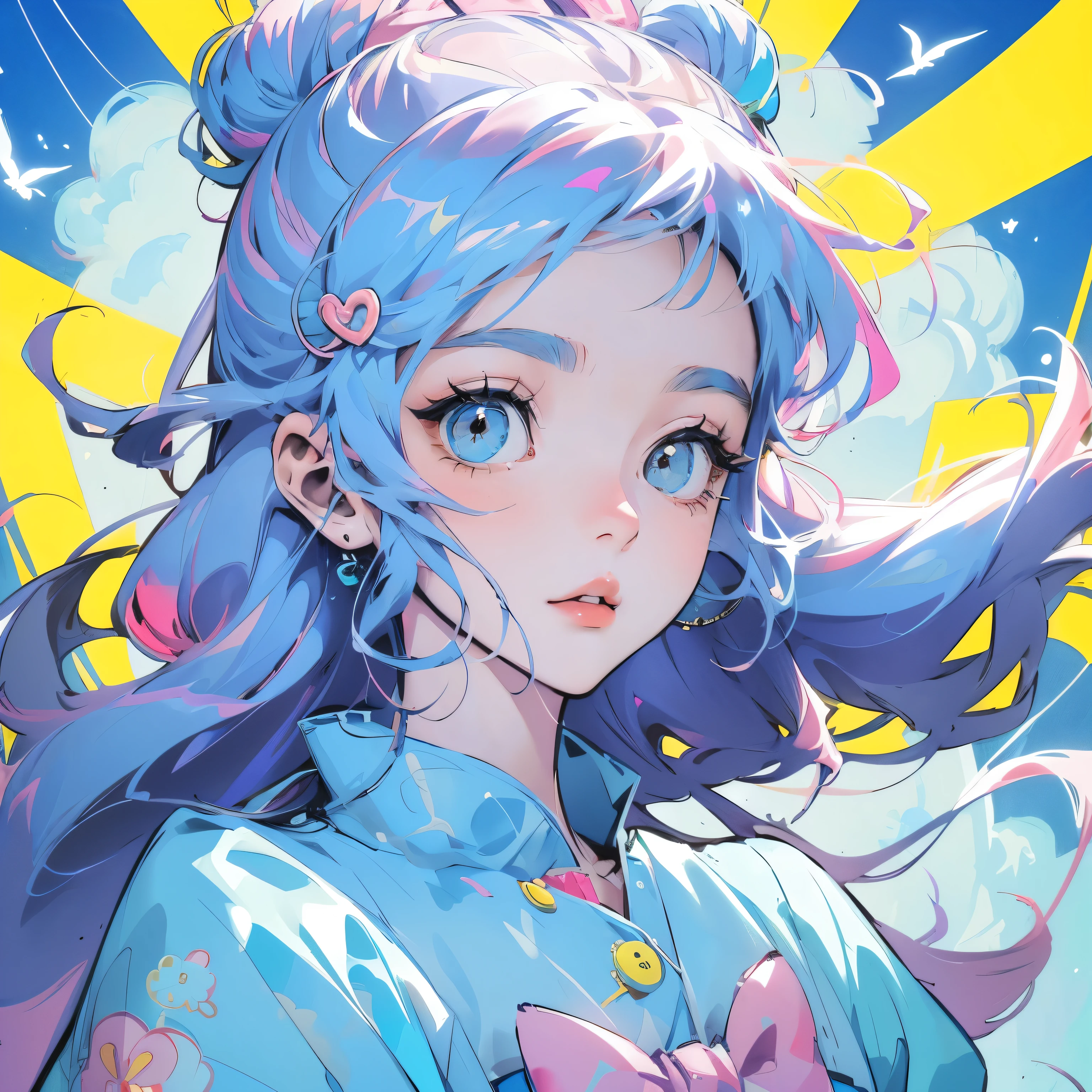 portrait woman"kawaii, Adorable woman in pink, yellow, and baby blue color scheme. She wears sky-themed clothing with clouds and sky motifs. Her outfit is fluffy and soft, With decora accessories like hair clips. She embodies a vibrant and trendy Harajuku fashion style."