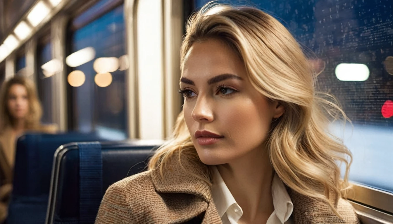 side view, ((half body )) portrait photo of a beautiful 35 years old european woman sitting on a train ((at night)) and looking out the window can see the night lights of the skyscrapers and reflections on the train's window. She is reflected in the train window. The train is travelling through in a megacity at night. She has (long wavy blonde hair blown in the wind), wearing beige colored coat with white blouse,  Award - winning photograph, Masterpiece, 8k, ultra high res, hyper detailed, beautiful woman, perfect face, rule of thirds,  highly detailed hair, ((detailed face)), ((detailed facial features)), (finely detailed skin), pale skin,  intricate details, amazing fine detail, photorealistic, photograph, photorealism, rich colors, lifelike texture, neutral colors, Soft front light,cinematic lighting, dramatic lighting,dappled light on face, backlight on hair, sharp focus, wide angle, film grain, dslr, raw photo, photographed on Nikon