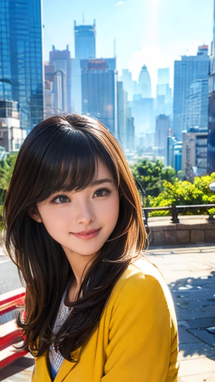 tay trần truồng; áo lụa mỏng tang; Beaming smile; brilliant sunshine; city background;