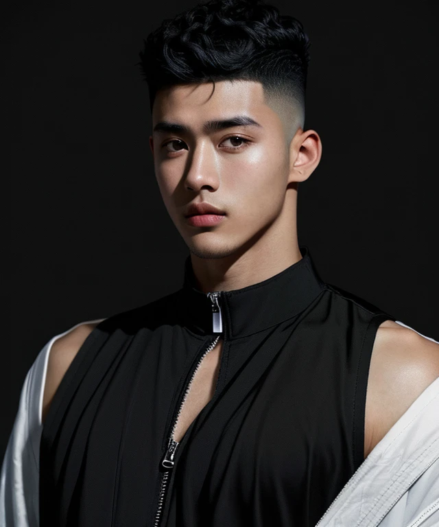 20-year-old,(male:1.3), (High Top Fade:1.4), Dark Theme, Calm tone, Calm colors, High Contrast, (Natural skin texture, Hyperrealism, Soft Light, sharp),(Black suit)