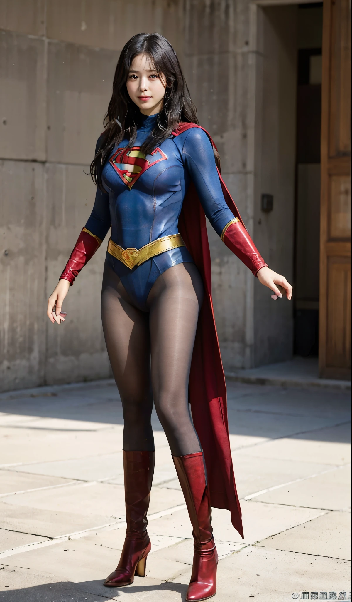No background、(((Beautiful legs in black tights.)))、(((Legally express the beauty of your smile)))、((((Make the most of your original images)))、(((Supergirl Costume)))、(((Beautiful Hair)))、(((suffering)))、(((Please wear black tights....、Wear red boots)))、((Best image quality、8K))、((highest quality、8K、masterpiece:1.3))、(((Preserve background )))、Sharp focus:1.2、Beautiful woman with perfect figure:1.4、Thin abdominal muscles:1.2、Wet body:1.5、Highly detailed face and skin texture、8K