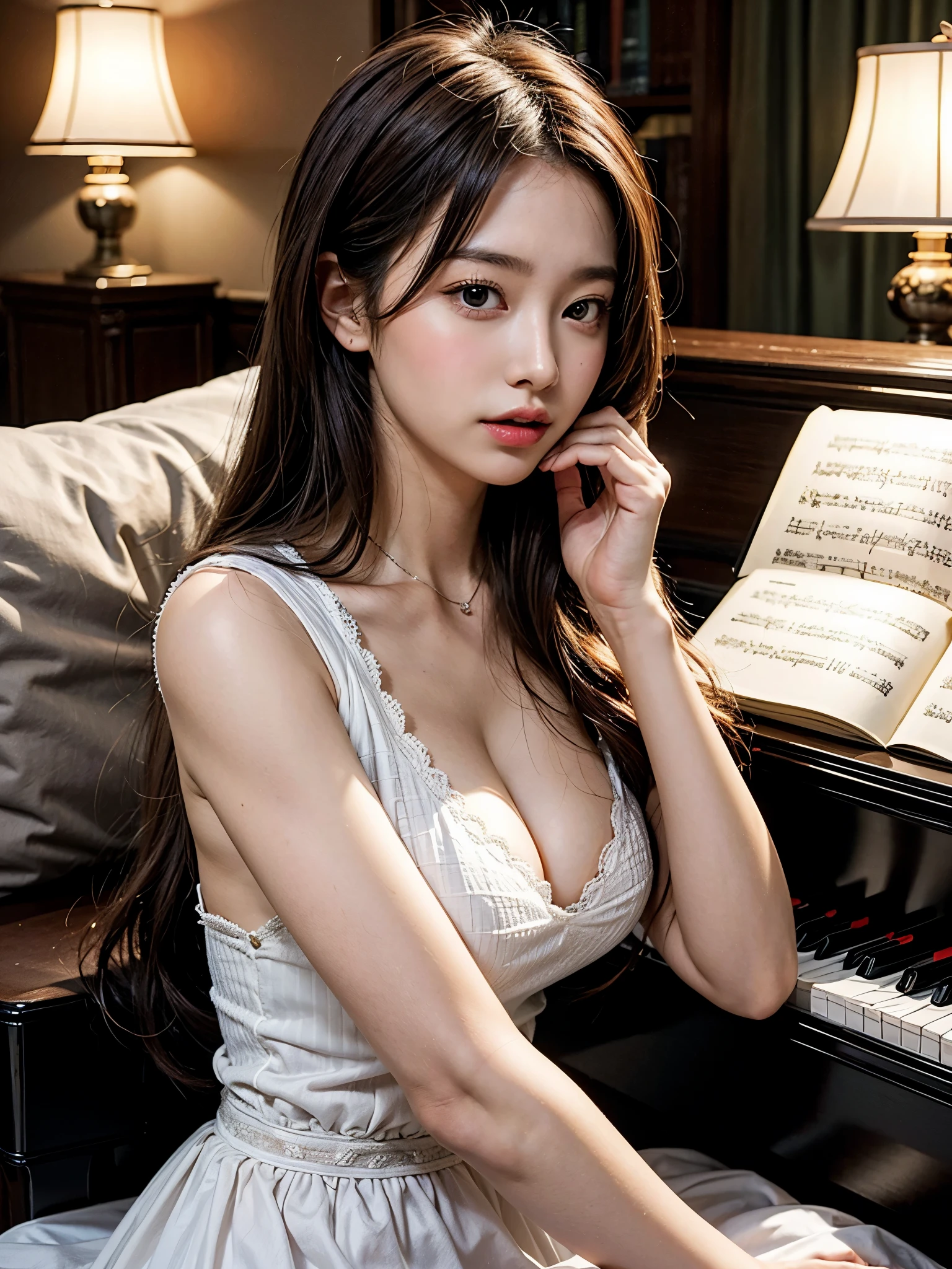 Best quality: 1.4, high resolution, perfect lighting, one girl, big breasts, dress, （playing piano）