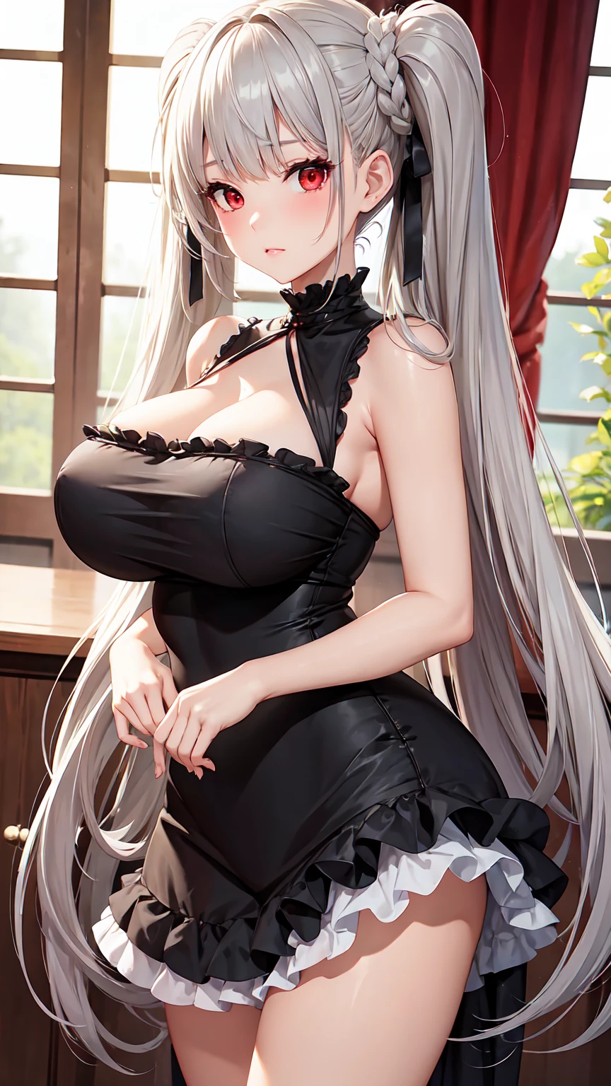 Highest quality、masterpiece、Real、Beautiful Model、Silver-haired long twin tails、Red Eyes、Huge Tits、Best Style、Ruffled Dress、Tsundere