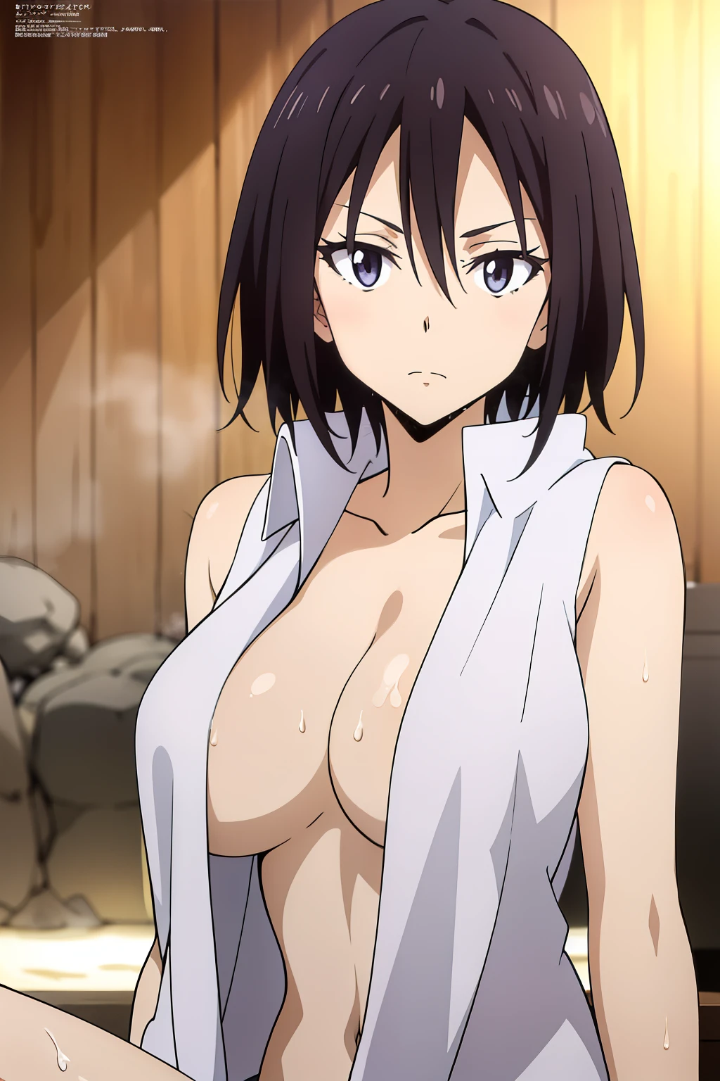 (anime cels style, Masterpiece, best quality, high resolution, anime colored, megami magazine:1.2, anime poster style, anime keyvisual, sharp, 8k, photorealistic), (beautiful eyes:1.5), sakaguchihinata\(ttigraas\), 1girl, cute, black hair, very short hair, large breast, cleavage, nude, (wet Towel over breasts), (upper body, sitting), (perfect detailed anatomy, perfect arms, perfect fingers, beautiful face, perfect body, shiny skin), onsen, wet