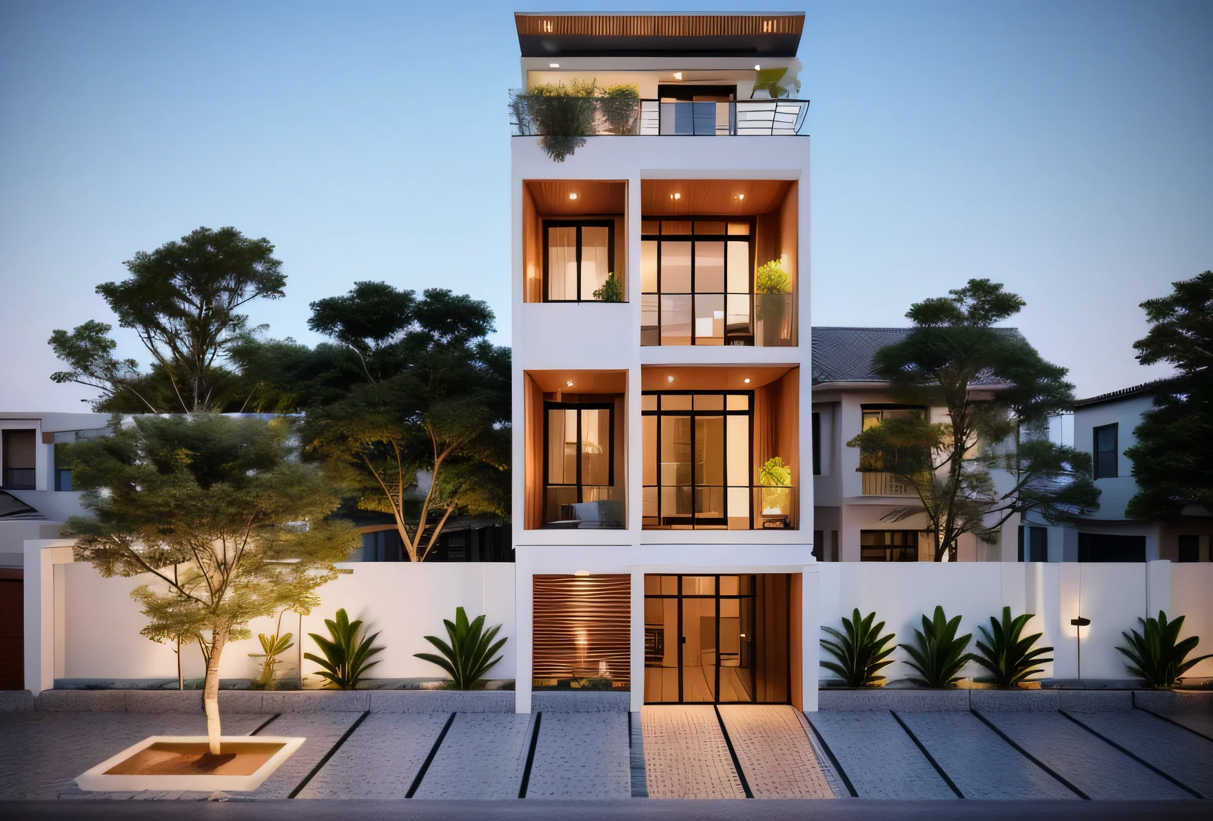 Perspective of a modern house with a large enough front yard, main materials are light yellow walls, stone and wood, a road running in front of the house, (RAW photo, real, best quality, masterpiece: 1.2), current view modern minimalist, 1 street in front of house, shime ring light, indoor brightness:1.2, dynamic lighting:1.3, (hyper-realistic, photo-realistic:1.2), high quality, daylight, contrast high:0.5 perfect light, Archdaily, contemporary masterpiece award, award winning contemporary, beautifully designed masterpiece, spacious modern mansion, modern neo-traditional, wide angle exterior 2022 , mid-century modern, contemporary home, stylish modern feel, long front view, award-winning modern design, stunning lines, residential, exquisite details, indoors gently:1.3