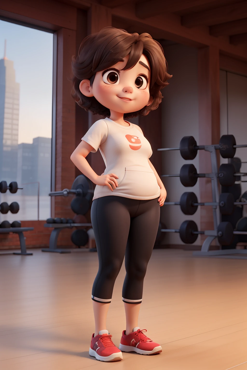 young asian woman, Small obesity, best quality, Short hair mushroom head, Black eyes, Gym clothes, Look up happily, Full body front, 3D