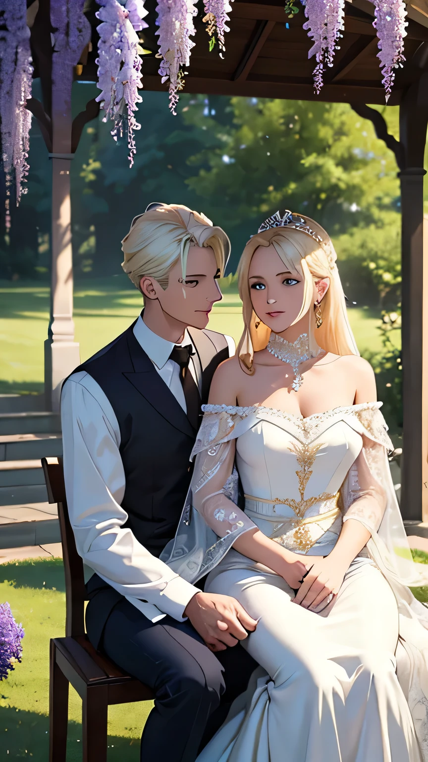1 young man 1 young woman, Incredibly beautiful young femme fatale, golden-haired blonde with blue eyes, long golden hair gathered in a high Beautiful ponytail, she is wearing a long white off-shoulder vintage dress, which suits her slim beautiful figure perfectly, emphasizes a thin waist and rounded hips, deep neckline, she had long gold earrings in her ears. She is sitting in a large beautiful gazebo, entwined with wisteria, a majestic sits next to her, Beautiful, well-built young man, platinum blonde, he is dressed in royal antique white clothes, he has tanned skin, he has long straight white hair. They are in love with each other, they look at each other with love. They're happy. masterpiece, perfect image, realistic image, detailing, full length image, 8K, detailed image. extremely detailed illustration, a real masterpiece of the highest quality, with careful drawing.