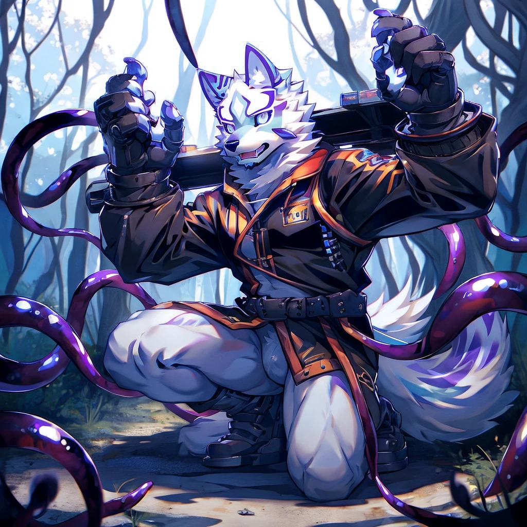 Husky furry，No clothes. In the background is a maple forest. Vinyl and tentacles look eager. night，A black gel monster grabbed his full body photo