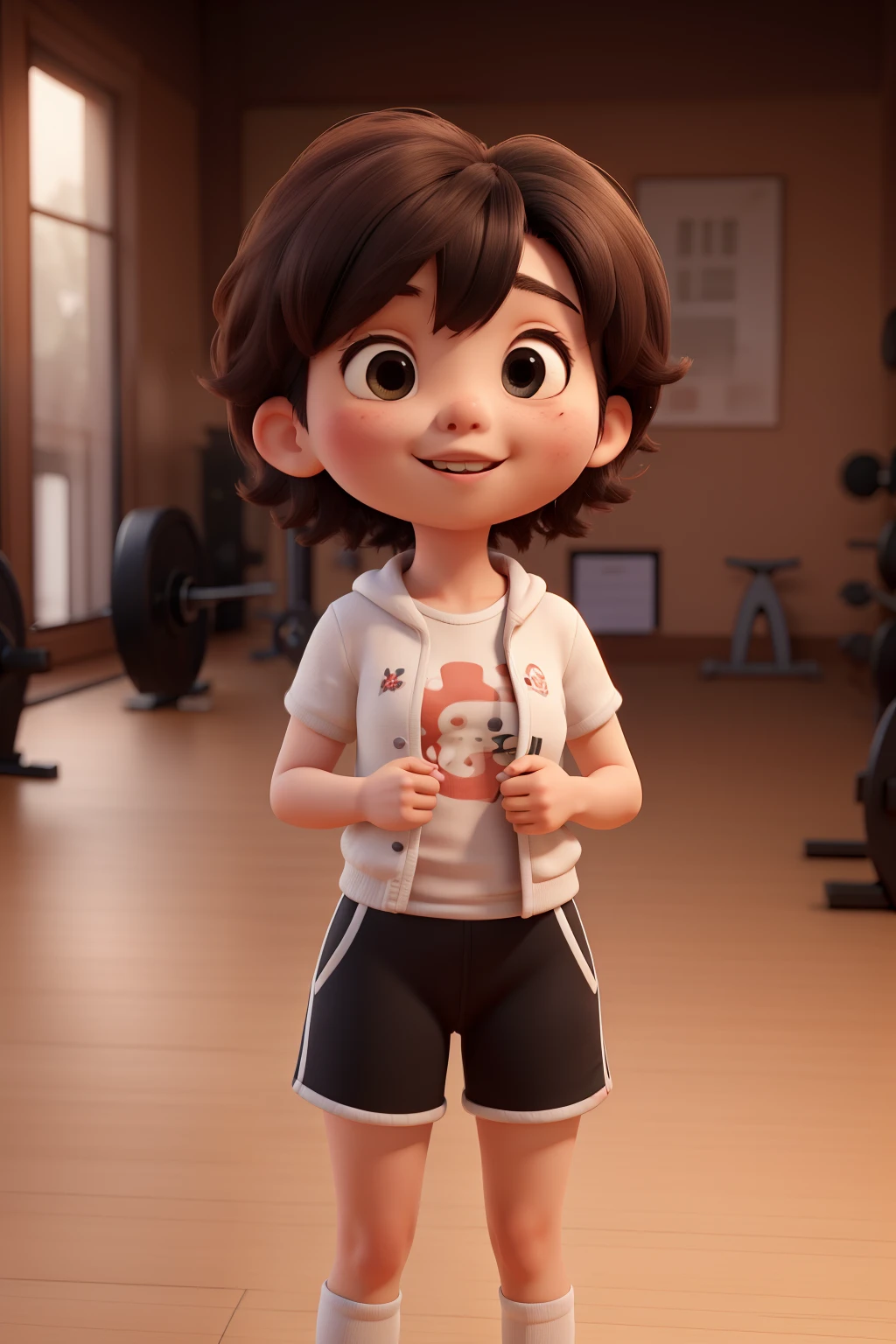 young asian woman, Little fat, best quality, Short hair mushroom head, Black eyes, Gym clothes, Look up happily, whole body, Hair, 3D