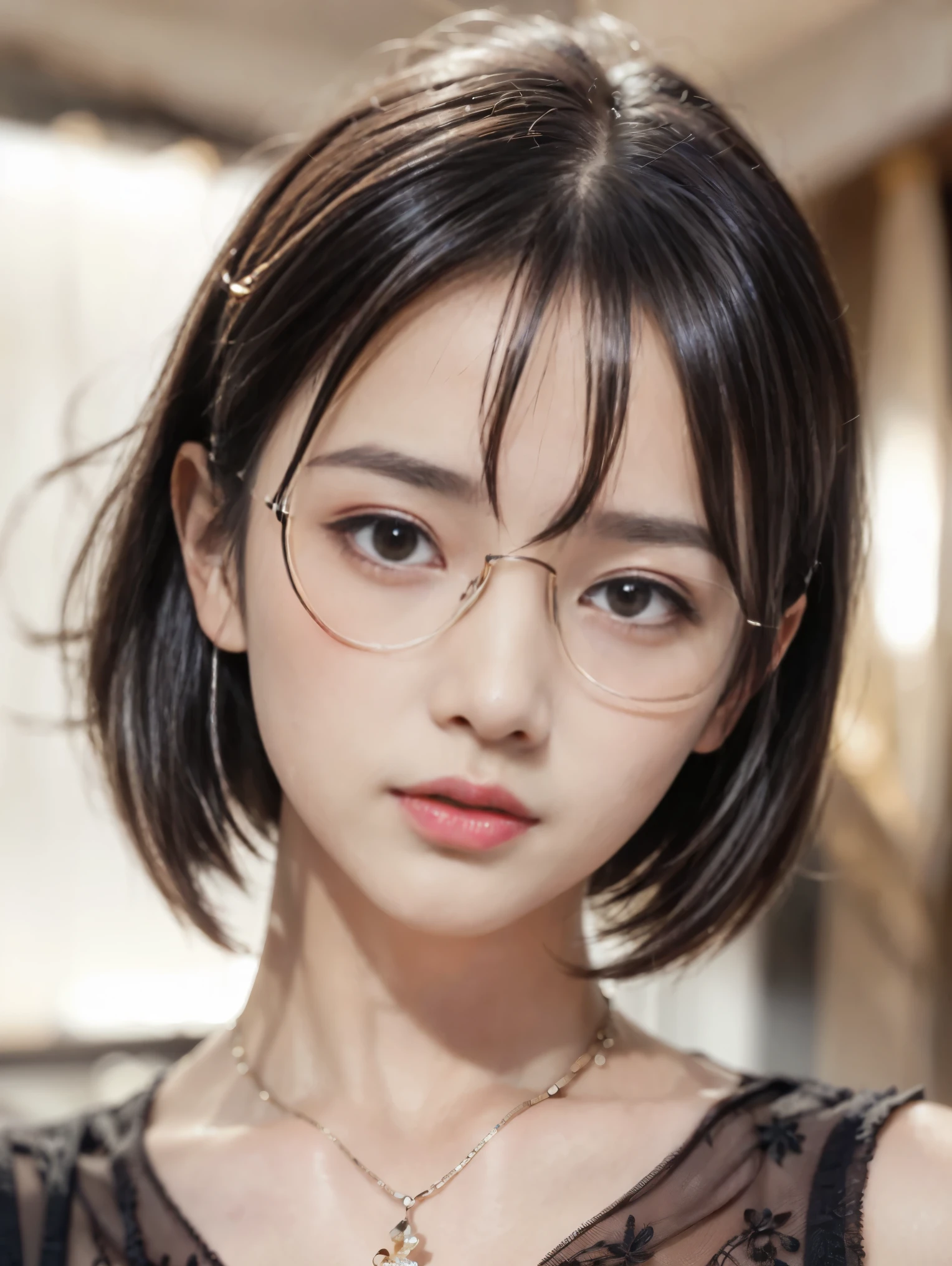 ((artwork、highest quality、Very detailed、High resolution、Realistic、Sharp focus、Cinema Lighting))、(1 girl)、one-shot, Not a failure、Beautiful Face、Realistic Face、(Black Hair、Boys Short Hair、Cut Style、cut out)、Beautiful hairstyle、Realistic eyes、Beautiful and beautiful eyes、Realistic Skin、Beautiful Skin、Capue Organized、charm、Golden Ratio、Glasses