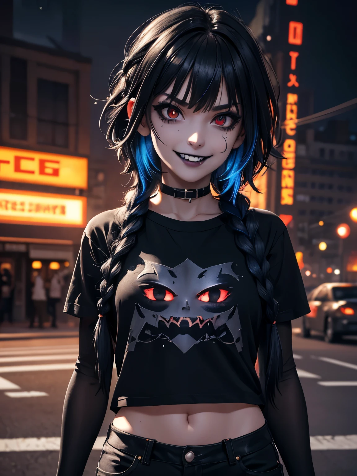 A 16 year old girl, wears (black t-shirt, tearing, ripped:1.3), pants tearing, ripped:1.3), detailed background, street, night, starry sky, (black messy hair, short hair, blue side braid, color hair:1.4), (apparent details:1.4), blurred makeup, (black lips, scary smile, fangs:1.6), (high contrast and eye details), (red eyes:1.12), dynamic pose, dynamic angle, texture authenticated skin, high contrast, sharp focus, vivid colors, intricate details, ray tracing, cinematic lighting, motion lines, high detail, hyperrealism, masterpiece, best quality, 8k, UHD, high resolution, high details, skin textured, anatomically correct, Image glow skin, depth of field, Extremely detailed CG 8k unit wallpaper