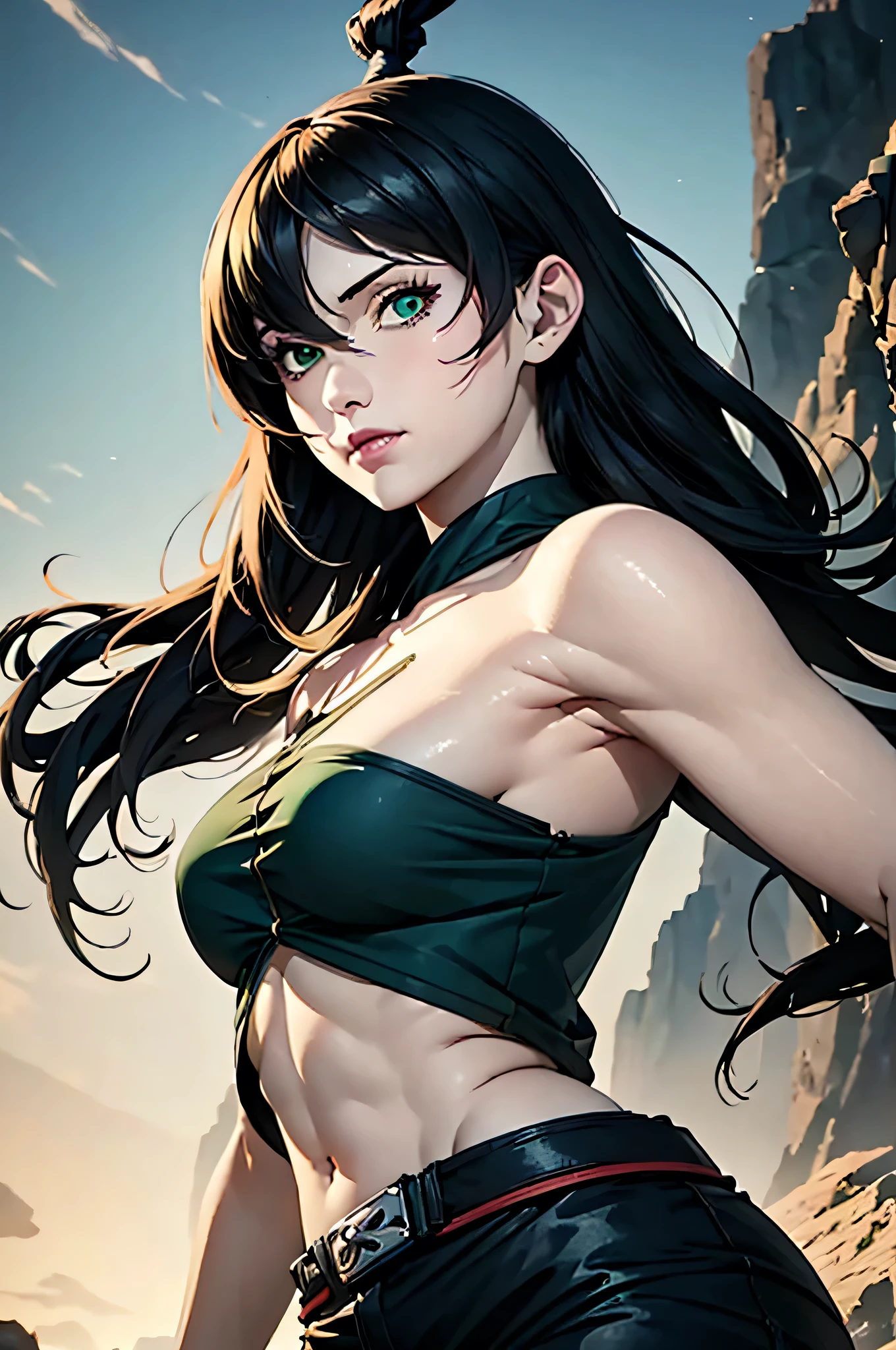 ((masterpiece, highest quality)), (solo focus), (perfect face:1.1), (high detail:1.1),dramatic, 1girl, (pale skin), Green eyes: 1.5, solo, long black hair, Hair over one eye), detailed background, Green clothes, earthbender, Mei from Naruto, (Abs:1.2), sfw,