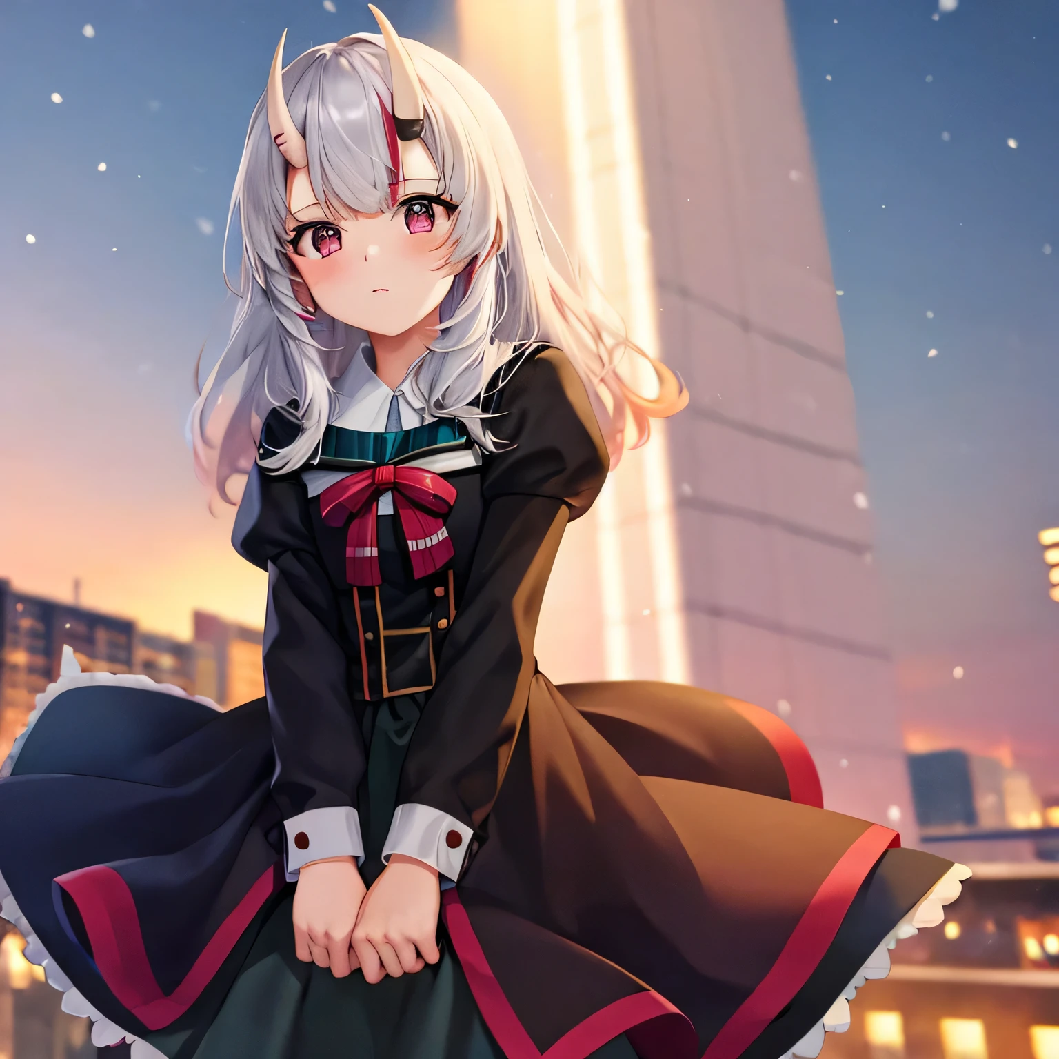 masterpiece, best quality, highres, 1girl, alone, individuals, looking at the audience, white hair, pink eyes, ((cold weather clothes)), snowing, city, outdoors, night, movie poster, extremely detailed 8K, smooth, high resolution, ultra quality, cinematic lighting, ambient occlusion, hd, 2k, 4k, 8k, 16k, extremely detailed anime, detailed faces, perfect composition, wide shot, atmospheric lighting,