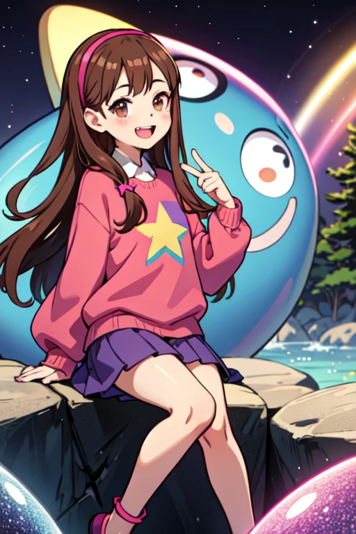 (medium:1.1), vibrate colors, Mabel Pines, day, masterpiece, best quality, Mabel, 1girl, ***, flat chest, beautiful detailed eyes, beautiful detailed lips, landscape, depth of field, night, light particles, light rays, sidelighting, thighs, fate \(series\), solo, long hair, red sweater, long sleeves, brown hair, black eyes, pink hairband, rainbow, star \(symbol\), violet skirt, smile, braces, open mouth, sweet, shoes, blush stickers, round teeth, buck teeth, tree, blue sky, wide hips, outdoors, Gravity Falls set and style, stars, glitter
