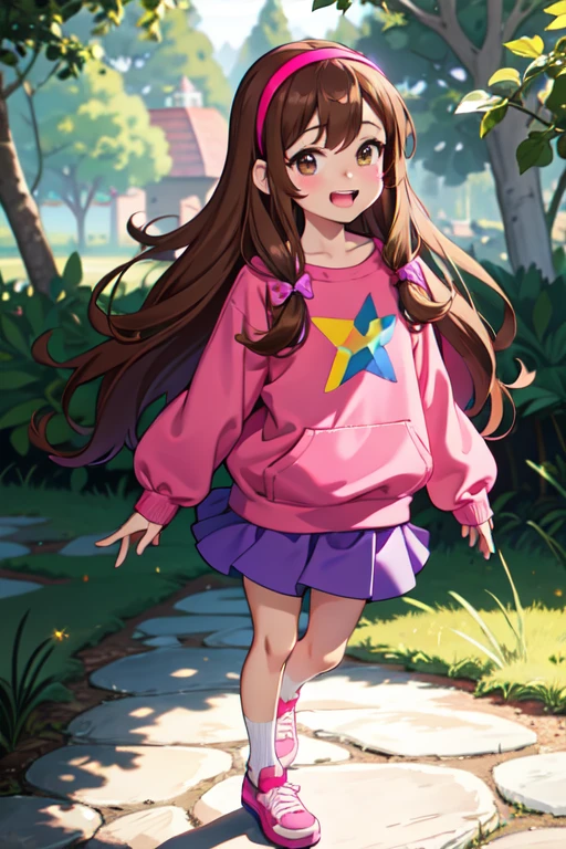 (medium:1.1), vibrate colors, Mabel Pines, day, masterpiece, best quality, Mabel, 1girl, ***, flat chest, beautiful detailed eyes, beautiful detailed lips, landscape, depth of field, night, light particles, light rays, sidelighting, thighs, fate \(series\), solo, long hair, red sweater, long sleeves, brown hair, black eyes, pink hairband, rainbow, star \(symbol\), violet skirt, smile, braces, open mouth, sweet, shoes, blush stickers, round teeth, buck teeth, tree, blue sky, wide hips, outdoors, Gravity Falls set and style, stars, glitter
