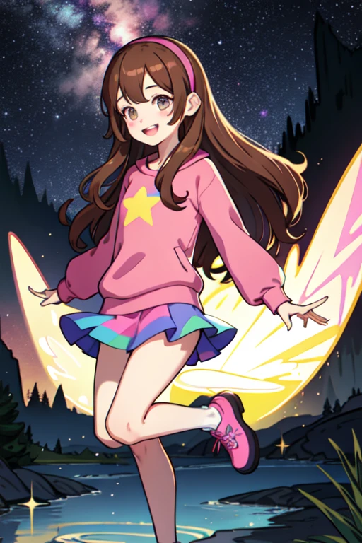 (medium:1.1), vibrate colors, Mabel Pines, day, masterpiece, best quality, Mabel, 1girl, ***, flat chest, beautiful detailed eyes, beautiful detailed lips, landscape, depth of field, night, light particles, light rays, sidelighting, thighs, fate \(series\), solo, long hair, red sweater, long sleeves, brown hair, black eyes, pink hairband, rainbow, star \(symbol\), violet skirt, smile, braces, open mouth, sweet, shoes, blush stickers, round teeth, buck teeth, tree, blue sky, wide hips, outdoors, Gravity Falls set and style, stars, glitter
