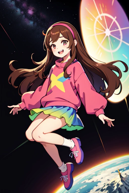 (medium:1.1), vibrate colors, Mabel Pines, day, masterpiece, best quality, Mabel, 1girl, ***, flat chest, beautiful detailed eyes, beautiful detailed lips, landscape, depth of field, night, light particles, light rays, sidelighting, thighs, fate \(series\), solo, long hair, red sweater, long sleeves, brown hair, black eyes, pink hairband, rainbow, star \(symbol\), violet skirt, smile, braces, open mouth, sweet, shoes, blush stickers, round teeth, buck teeth, tree, blue sky, wide hips, outdoors, Gravity Falls set and style, stars, glitter
