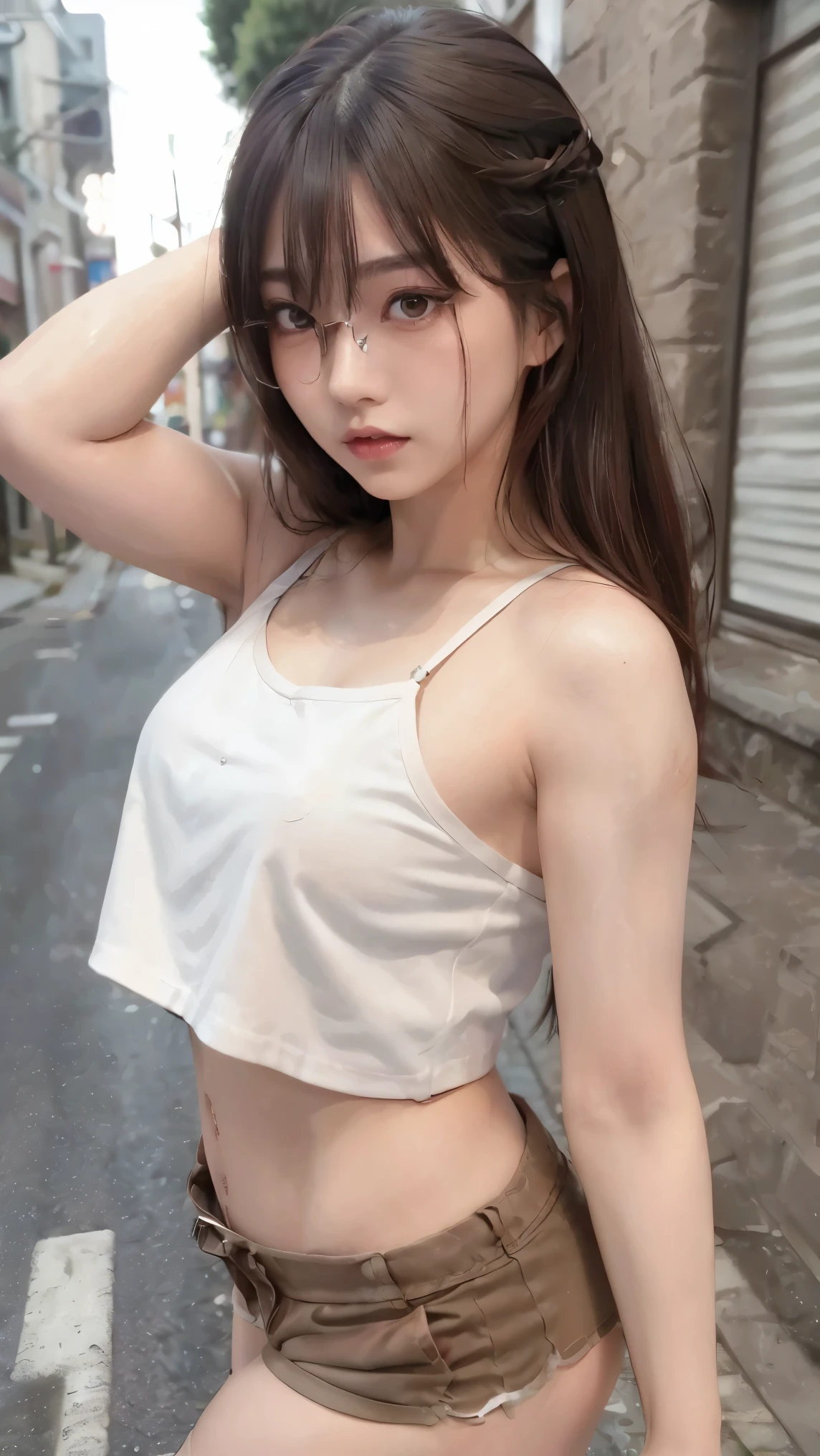 (Genuine, High resolution:1.3)、((High Reality, 8k, masterpiece: 1.3)), ((Very detailed)),(Realistic:1.2),8k,(High resolution),(Written boundary depth:1.2),(Written boundary depth:1.3), (highest quality:1.0), (Very detailed CG 8k 壁紙), (超A high resolution:1.0),concentrate: 1.2, Perfect body beauty: 1.4, Hip: 1.2, (Layered Haircut: 1.2)), (Dark Street: 1.3), Very detailed顔と肌の質感, Delicate eyes, double eyelid, White skin, Long Hair, (Round face: 1.5), (loose crop top, Shorts: 1.6)、(Very delicate and beautiful), (Tabletop), Beautiful lighting ,Perfect Lightning, Genuine影,Detailed skin, Very detailed (((colorful))),(Amazing photos of beautiful Japan women),(Character Focus),Perfect Anatomy,(Professional Lighting),
(One Girl),(young),(Raise your arms),
View audience,(walking),
((Beautiful details)),(thin顔:1.2),Thick eyebrows,(Drooping eyebrows),((Glasses))、(I達は言う:1.2),(Blue Eyeshadow),Big eyes,(Brown eyes:1.3),((Big Breasts))、(smile),blush,(非常にDetailed skin),
(Lips parted:1.1),(Lips become thicker:1.2),(Glossy Lips),(lipstick)、Braiding,(black medium hair),(Iにさせて'Hair grows back),((Wide forehead)),(thin:1.2),
(Ideal body type:1.1),(Tall body:1.2),Attractive thighs,Attractive waist circumference,
(Flat Chest:1.35), ( Visible through clothing),(Muscular:1.25),(Skin-tight clothing:1.3),
(ハイカットデニムShorts:1.4),(White tube top:1.3),Looking at the camera, Cowboy Shot, I'looking forward to it, Standing posture, Contrasting, Dynamic Lighting,