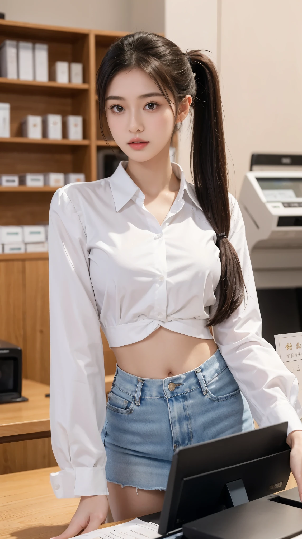 ((best quality)), ((masterpiece)), (detailed), perfect face, pretty face, beautiful female, beautiful body, e cup breast, teenager female, cashier, minimarket cashier, cashier uniform, white blouse, unbuttoned blouse, mini skirt, ponytail, straight hair, perfect body, Stand behind the cashier's desk
