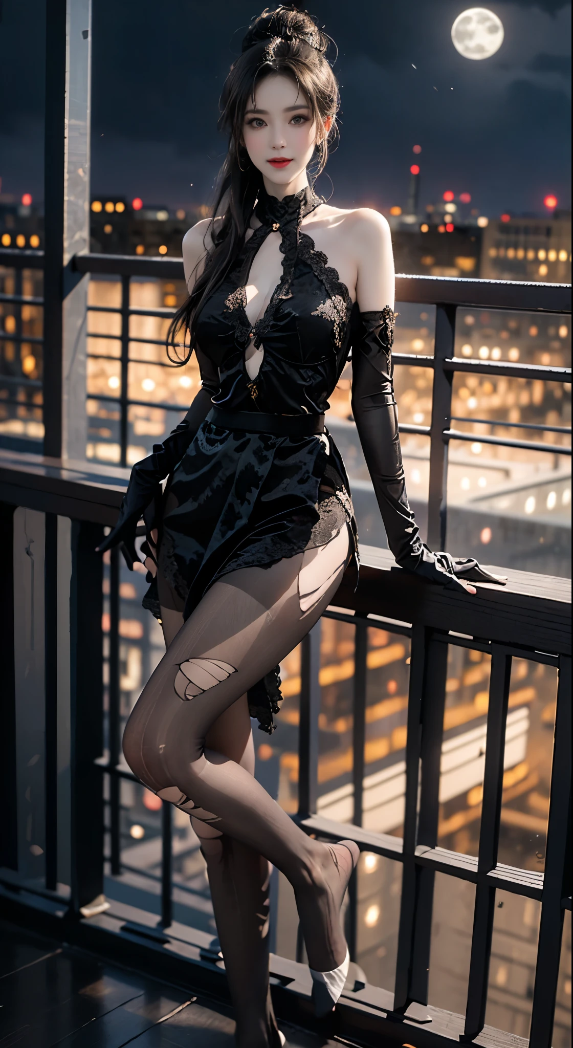 black dress, black gloves, pantyhose, ((Bare shoulders)), ((Full breasts)), ((The skirt is short)), ((Sexy legs)), ((whole body)), ((torn pantyhose)), Practical, Fashion girl, Red lips, Mature women, Exquisite makeup, big eyes, beautiful, (best quality, masterpiece:1.2), The right hand, The right hand指, Anatomically correct, Ultra Detailed, (Practical:1.37), ((Random scenes, Random shooting angles)), ((Sexy long legs)), Young and energetic, Charming model, (Delicateeyes, Delicate lips), Show a bright smile, Create stunning girl images, warm color, Very high color saturation, Official Art, Extremely detailed CG, Unity 8K Wallpaper, (High Dynamic Range :1.4), (Movie atmosphere),(Soft colors), (Natural skin texture, ultra-Practical, Soft Light, sharp),(Very detailed), night, moonlight