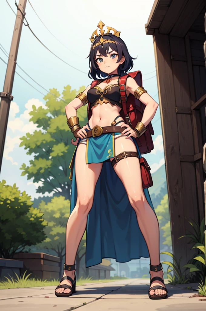 full body, whole body. 1solo (girl). slave fighter, loincloth standing, hands on hips full body, whole body. 1solo (girl). slave fighter, loincloth standing, hands on hips, metal sandals, backpack, choker, big belt, view from below, feet together, bracers, tiara