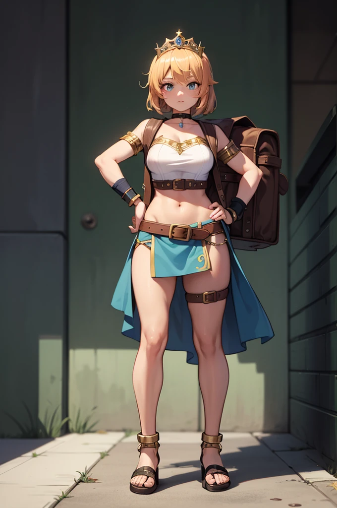 full body, whole body. 1solo (girl). slave fighter, loincloth standing, hands on hips full body, whole body. 1solo (girl). slave fighter, loincloth standing, hands on hips, metal sandals, backpack, choker, big belt, view from below, feet together, bracers, tiara
