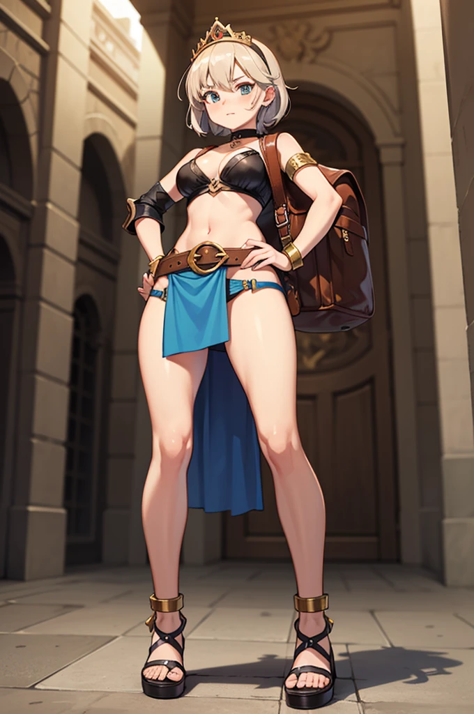 full body, barefoot, solo, female, big breast ,linen tunic, fantasy village, armor, Handcuffs on their hands, With a collar around the neck, hands on hips, slave, ((black choker, shackles on legs and arms)),