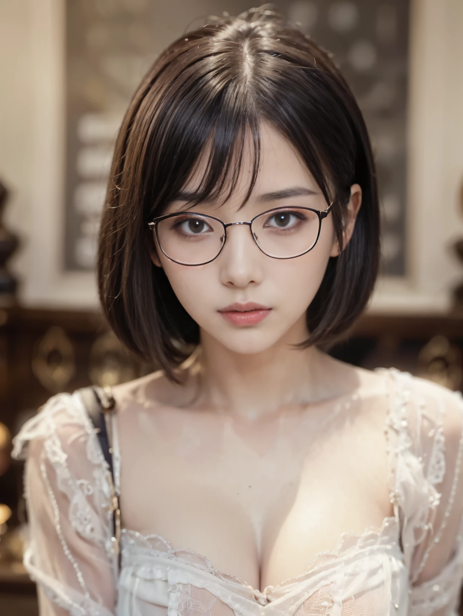 ((artwork、highest quality、Very detailed、High resolution、Realistic、Sharp focus、Cinema Lighting))、(1 girl)、one-shot, Not a failure、Beautiful Face、Realistic Face、(Black Hair、Boys Short Hair、Cut Style、cut out)、Beautiful hairstyle、Realistic eyes、Beautiful and beautiful eyes、Realistic Skin、Beautiful Skin、Capue Organized、charm、Golden Ratio、Glasses