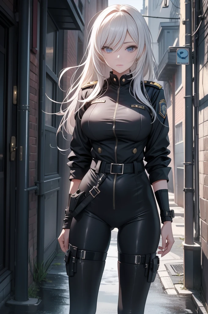 8K，realisticlying，Glamorous，The is very detailed，A 20-year-old girl, a sexy and charming woman, Inspired by police uniforms，Put on a beautiful uniform。She dresses to show sexiness and confidence，The perfect interpretation of the power and charm of uniforms。Set against a gloomy alley，It creates a unique atmosphere，Highlight her bravery and perseverance。The cloudy sky adds a touch of tension and mystery to the entire scene。This one is high definition、High-quality images will give you a stunning visual experience，The shady alleys and shiny uniforms will keep your eyes open。oc rendered，dramatic lights，Award-winning quality，Has an extremely elegant body、Huge and deep chest，Cover your breasts，huge tit，There is water on the body，Raised clothes