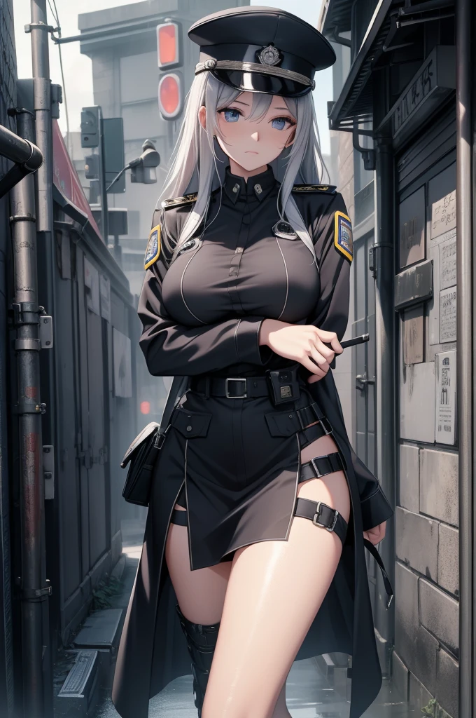 8K,realisticlying,Glamorous,The is very detailed,A 20-year-old girl, a sexy and charming woman, Inspired by police uniforms,Put on a beautiful uniform。She dresses to show sexiness and confidence,The perfect interpretation of the power and charm of uniforms。Set against a gloomy alley,It creates a unique atmosphere,Highlight her bravery and perseverance。The cloudy sky adds a touch of tension and mystery to the entire scene。This one is high definition、High-quality images will give you a stunning visual experience,The shady alleys and shiny uniforms will keep your eyes open。oc rendered,dramatic lights,Award-winning quality,Has an extremely elegant body、Huge and deep chest,Cover your breasts,huge tit,There is water on the body,Raised clothes