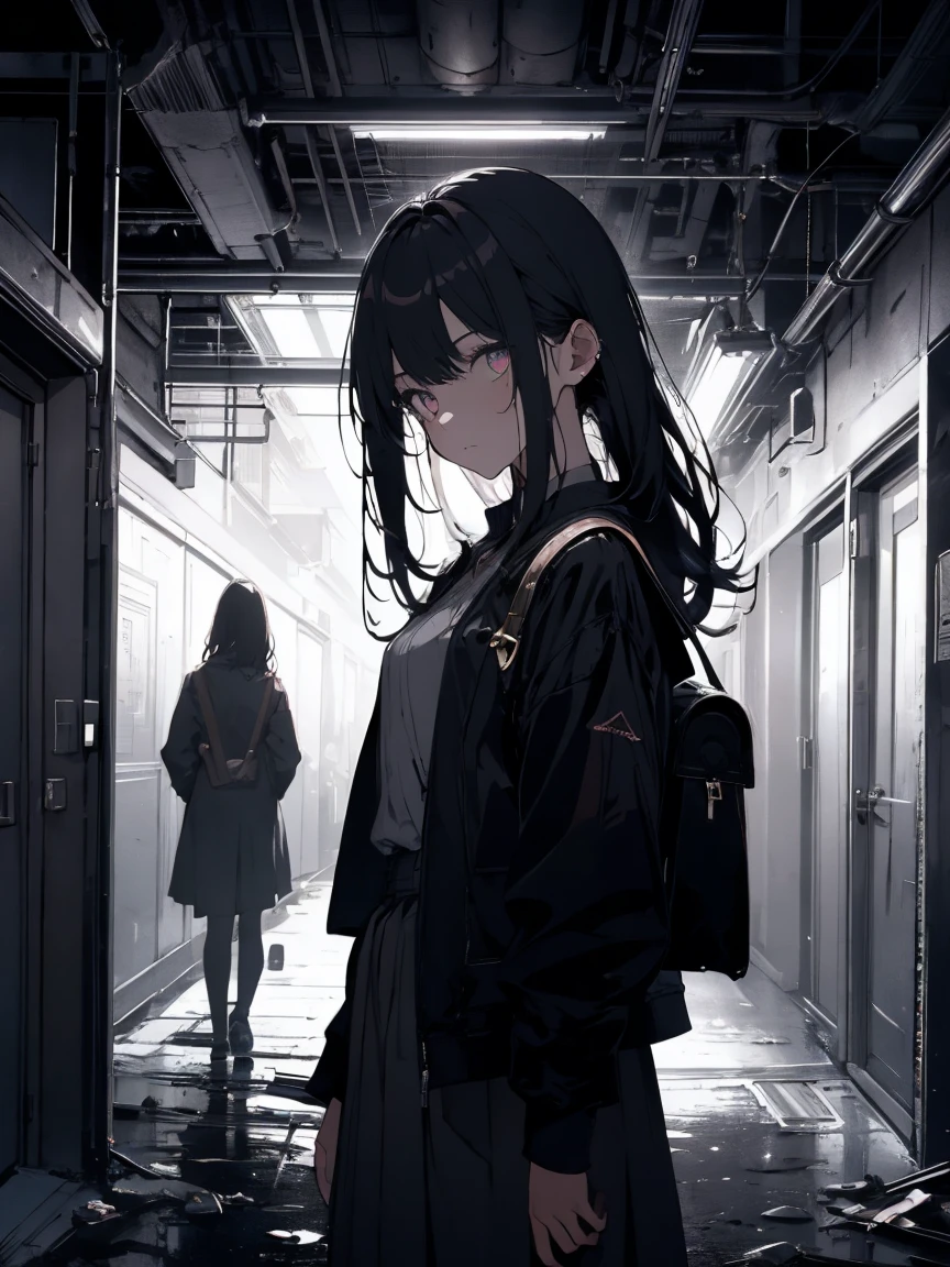 masterpiece, highest quality, High resolution, One girl, alone, bangs,Female student，Broken video，School corridor，Scary atmosphere，depth of field lighting，color，naked，spooky，earthy，Deep dark background，Complex background，Rich details，High resolution，masterpiece，Storytelling Images，
