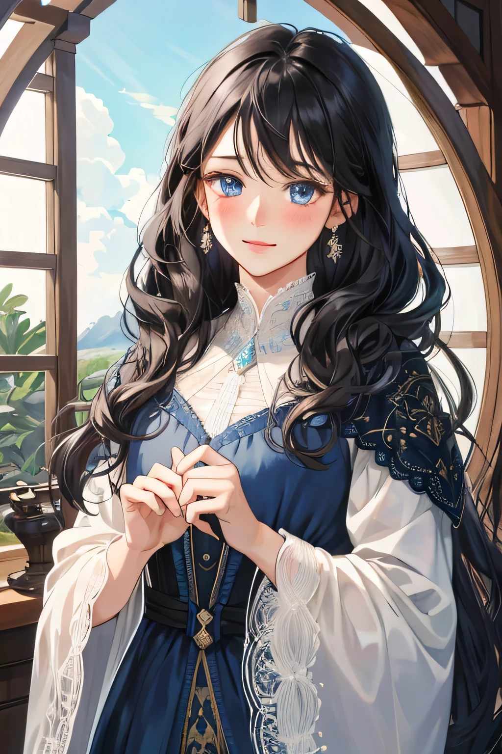 (extreamly delicate and beautiful:1.2), 8K,(masterpiece:1.0),(best_quality:1.0), 1 girl, and intricate detailing, Enlarged textures, and intricate detailing, finely eye and detailed face, and intricate detailing, shiraga, black curls long hair, (closed mouths), Perfect eyes, Equal eyes, blue ice eyes (A famale god) with Sheath dress modern, look at camera, look 50 years old, blush