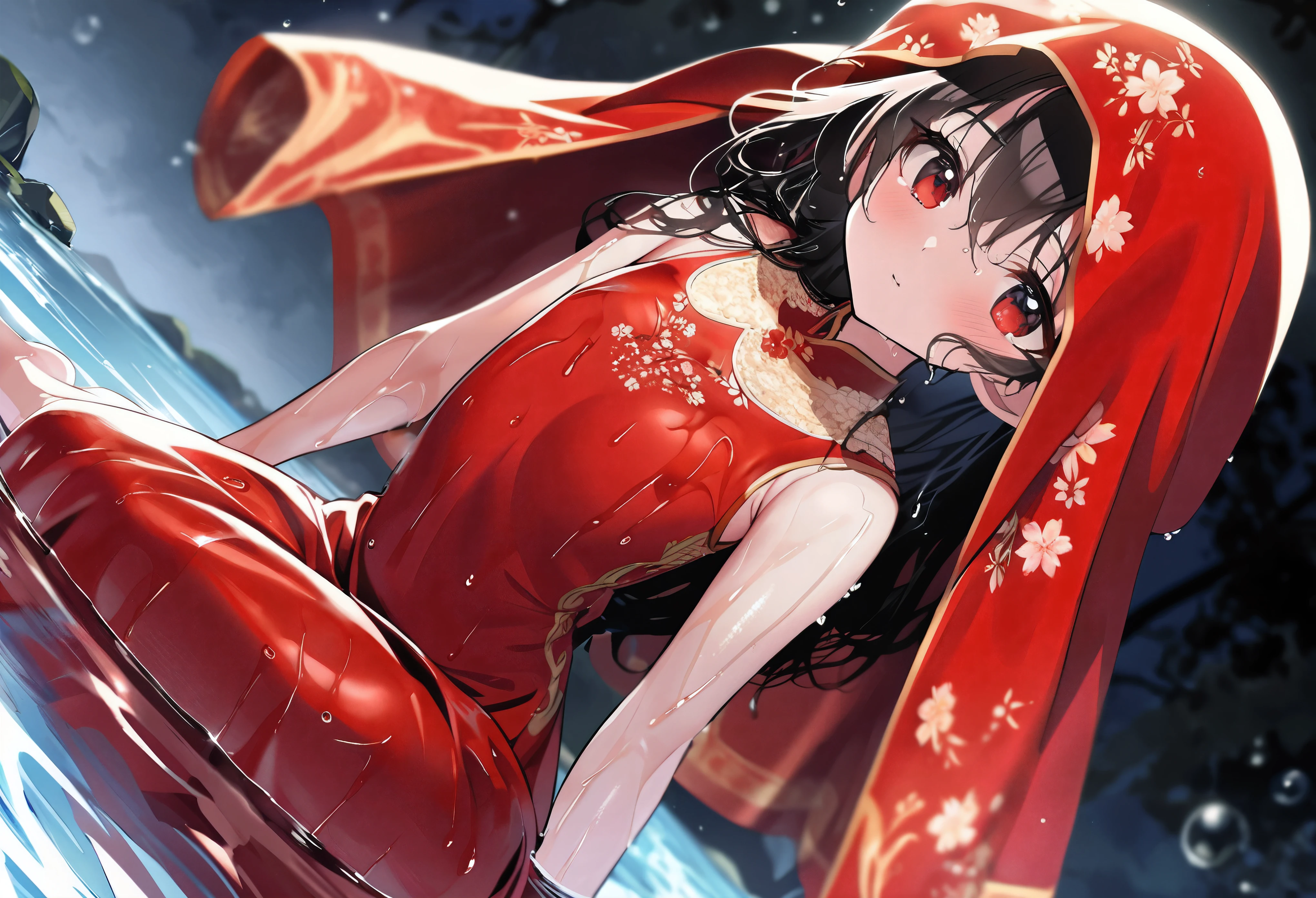 (Dramatic angle), (very young was dressed in a very large red dress and phoenix red veil, with a red veil over her head, she have a beautiful appearance, her slender and beautiful figure), (wet, wet body, wet hair, wet skin, very wet dress, reflection on the wet dress, delicate blossom embroidery, subtle water droplets:1.15), (water spray:1.1), (best dress wrinkle, Transparent mucus wrapping:1.1),(bare feet), little girlnded and boarded the Seven Treasure Incense Car, slowly driving towards the underworld, The sky became increasingly dim, and the evening breeze blew through the trees, leaving a desolate scene, The sound of festive music in her ears was like a funeral song, and the long road seemed to lead to the underworld