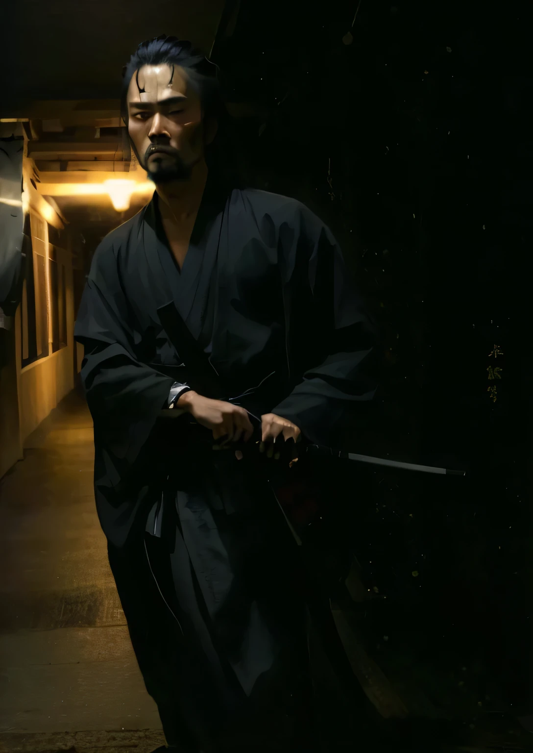 Wearing a black robe、Stand in a dark hallway, Samurai portrait photos, Samurai style, Warrior man tramp, urbansamurai, Miyamoto Musashi, Holding a samurai sword, yasuke, Holding a samurai sword, street samurai, Medium Portrait, Ukiyo-e,handsome face
