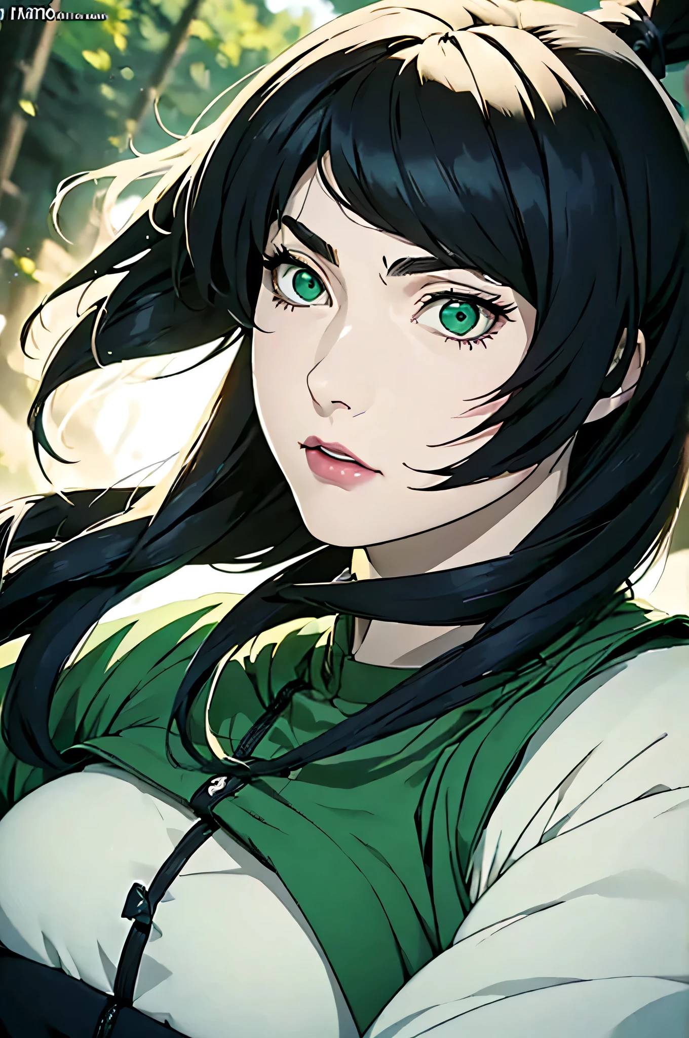 ((masterpiece, highest quality)), (solo focus), (perfect face:1.1), (high detail:1.1),dramatic, 1girl, (pale skin), Green eyes: 1.5, solo, long black hair, Hair over one eye), detailed background, Green clothes, earthbender, Mei from Naruto, (Abs:1.2), sfw,