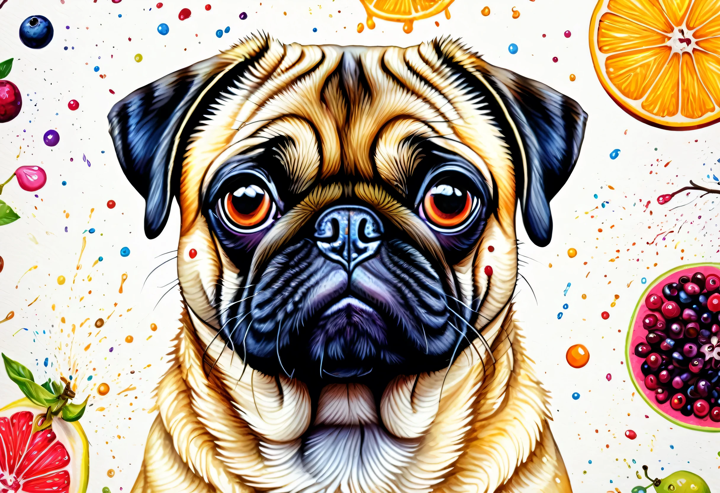 A whole-body drawing of an adorable pug with colorful face and eyes, Detailed painting 4k, Beautiful Art UHD 4K, Art by Alessandro Pautasso, Rendered in high resolution, Vadim Kashin. Ultra-realistic, Colourful and detailed,The background is fruit、 Detailed 4K painting, In the picture of the cat, Painted in vibrant watercolors, Great art works, Great art